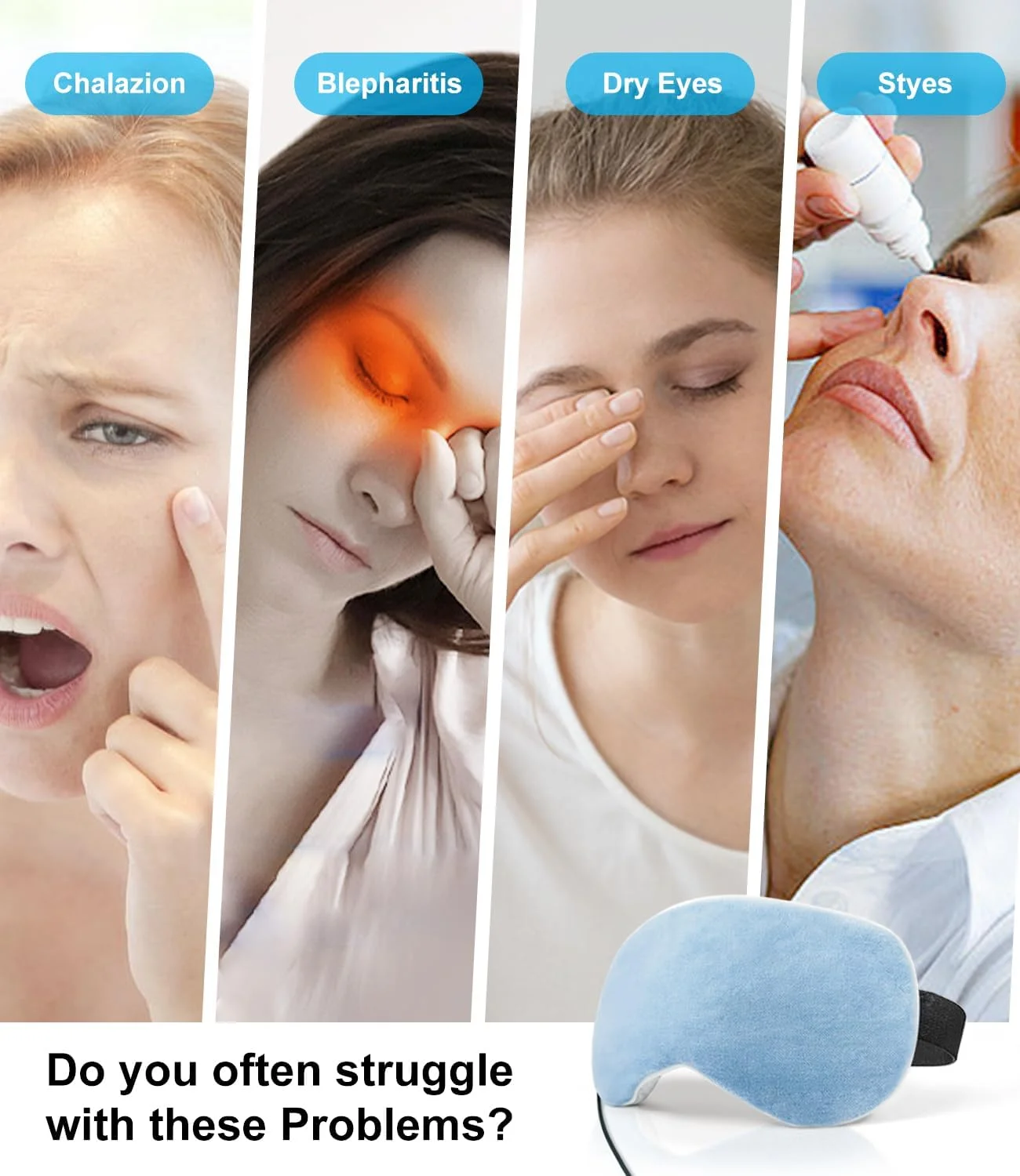 چشم بند گرمایشی آرما سیزن، کمپرس گرم برای خشکی چشم، درمان گرمای مرطوب برای بلفاریت، حلقه تیره، شالازیون، پف چشم (آبی)