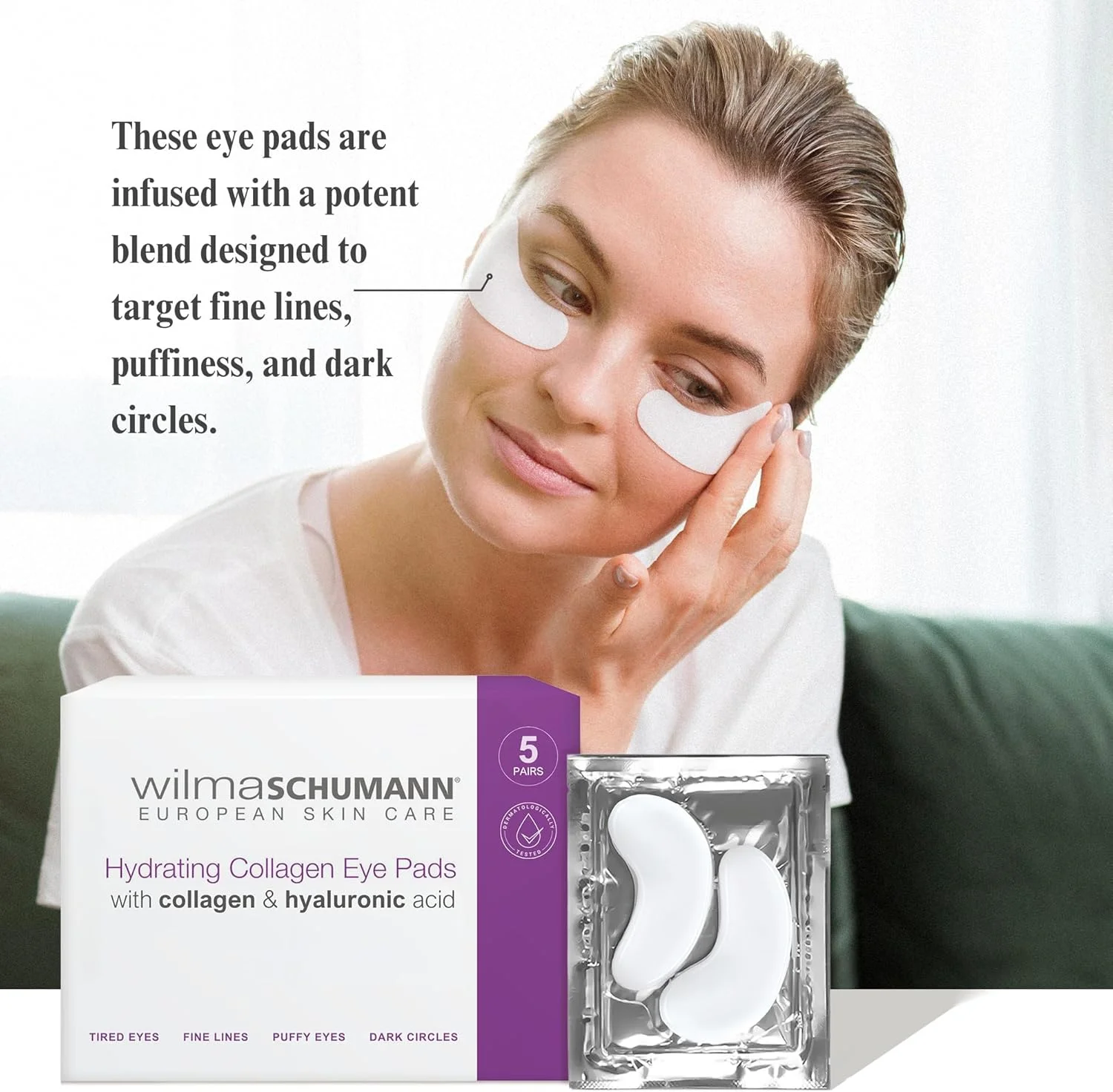 پدهای آبرسان کلاژن دور چشم ویلما شومان - ماسک های مرطوب کننده کلاژن 100% خالص و طبیعی به طور محسوسی پف زیر چشم، خطوط ریز، حلقه های تیره و چین و چروک را کاهش می دهند (بسته 5 جفتی)