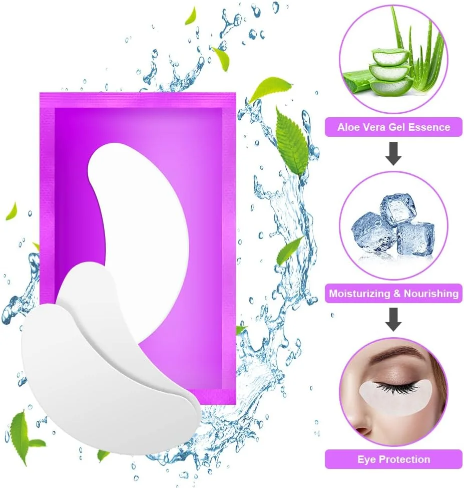 پدهای ژلی زیر چشم URAQT، 50 جفت پد اکستنشن مژه بدون پرز به همراه 10 برس مژه، پدهای ژلی زیر چشم با کیفیت عالی برای استفاده حرفه ای در سالن ها و اکستنشن مژه تکی (بنفش)