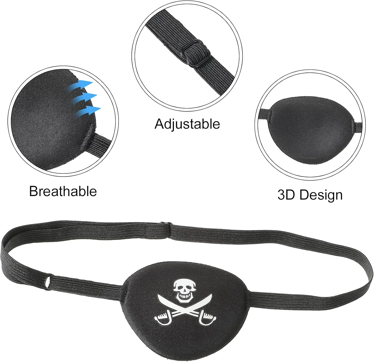 ست 6 عددی چشم بند دزد دریایی مشکی با طرح جمجمه و استخوان ضربدری، سه بعدی و قابل تنظیم، مناسب بزرگسالان و کودکان، ایده آل برای مهمانی های هالووین و تزئینات