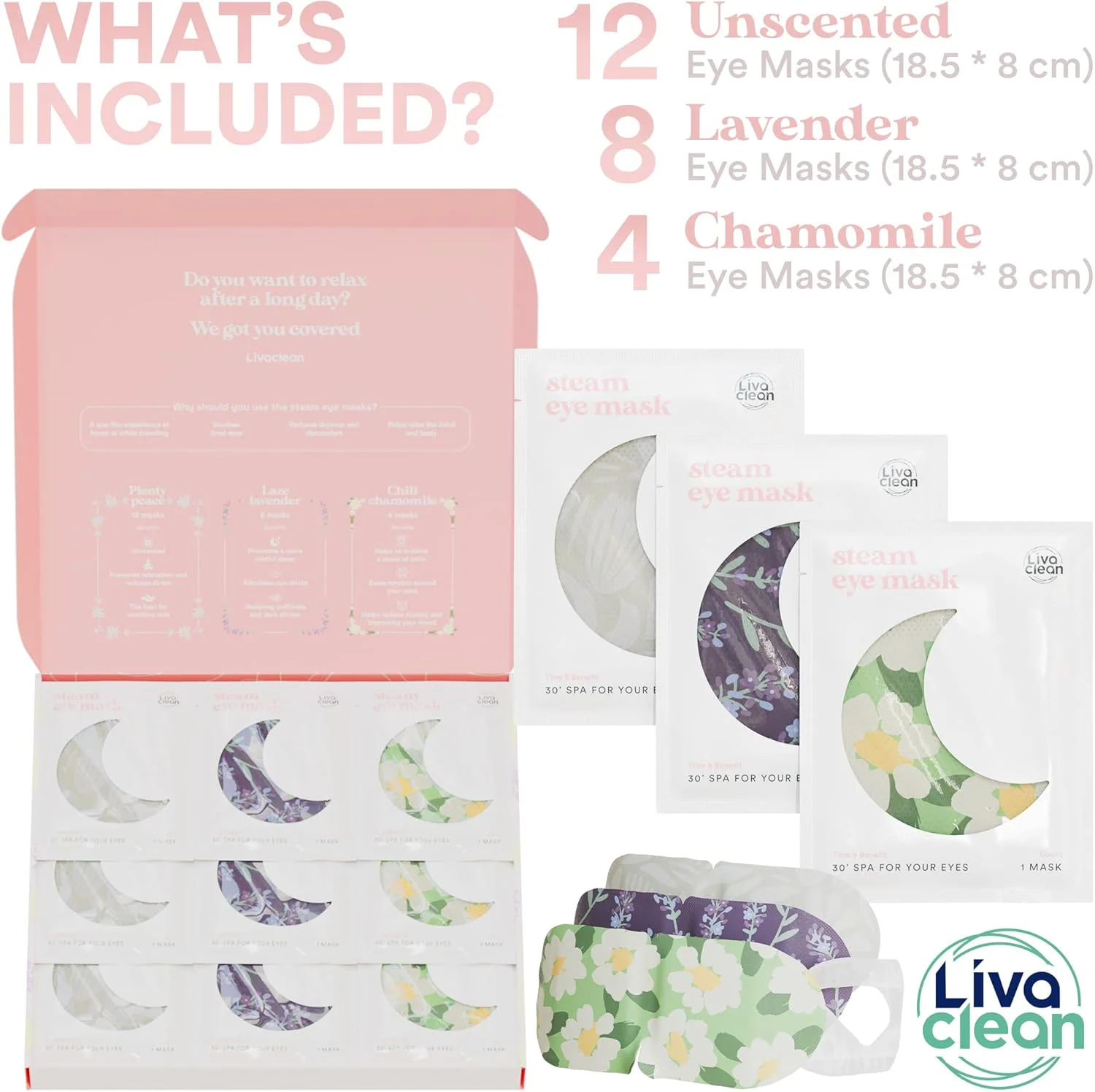 ماسک چشم بخار LivaClean 24 عددی برای خشکی چشم، سیاهی دور چشم و پف، گرم و خود گرم شونده، دارای حلقه های گوشی برای ثابت ماندن، اسطوخودوس، بابونه و بدون عطر، یکبار مصرف