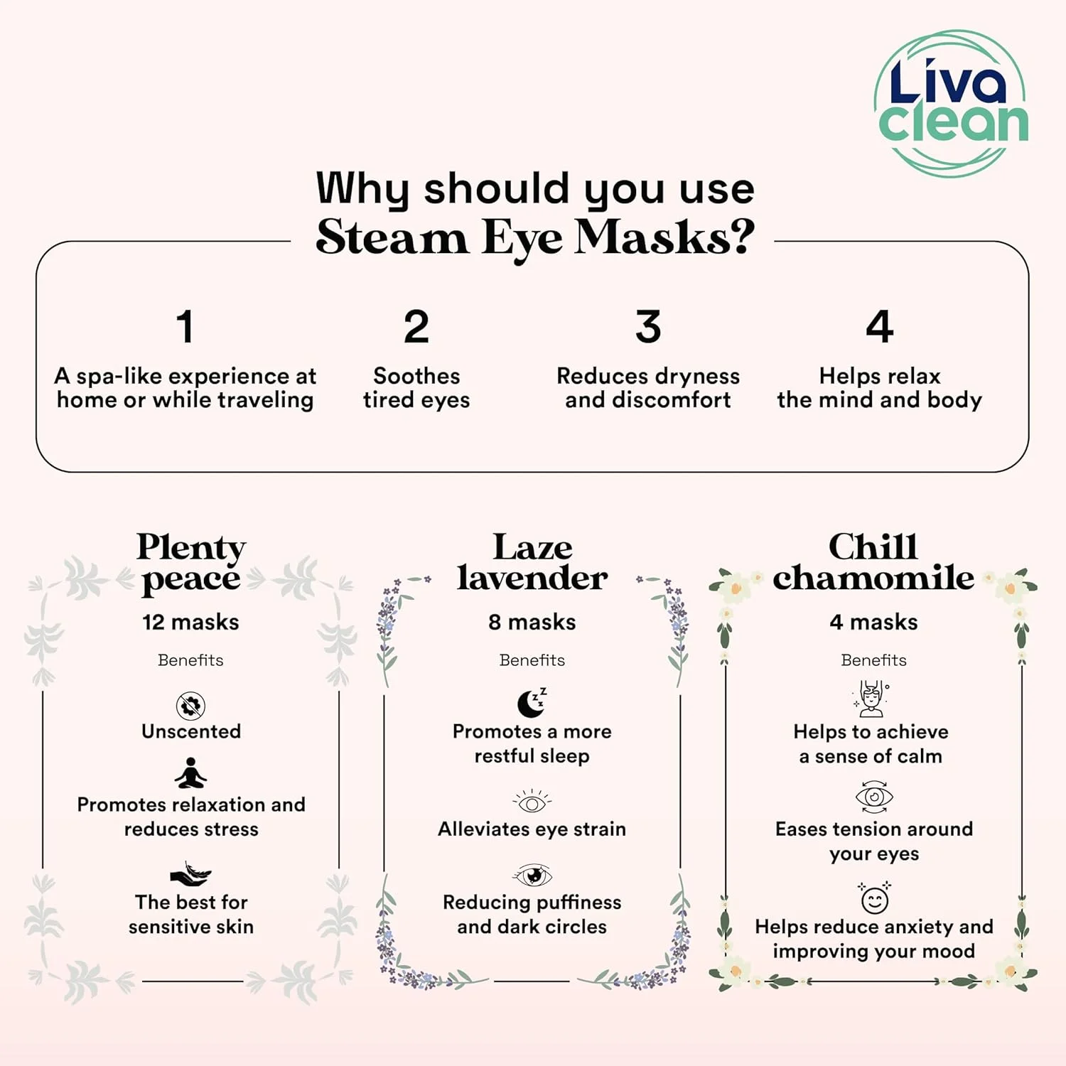 ماسک چشم بخار LivaClean 24 عددی برای خشکی چشم، سیاهی دور چشم و پف، گرم و خود گرم شونده، دارای حلقه های گوشی برای ثابت ماندن، اسطوخودوس، بابونه و بدون عطر، یکبار مصرف