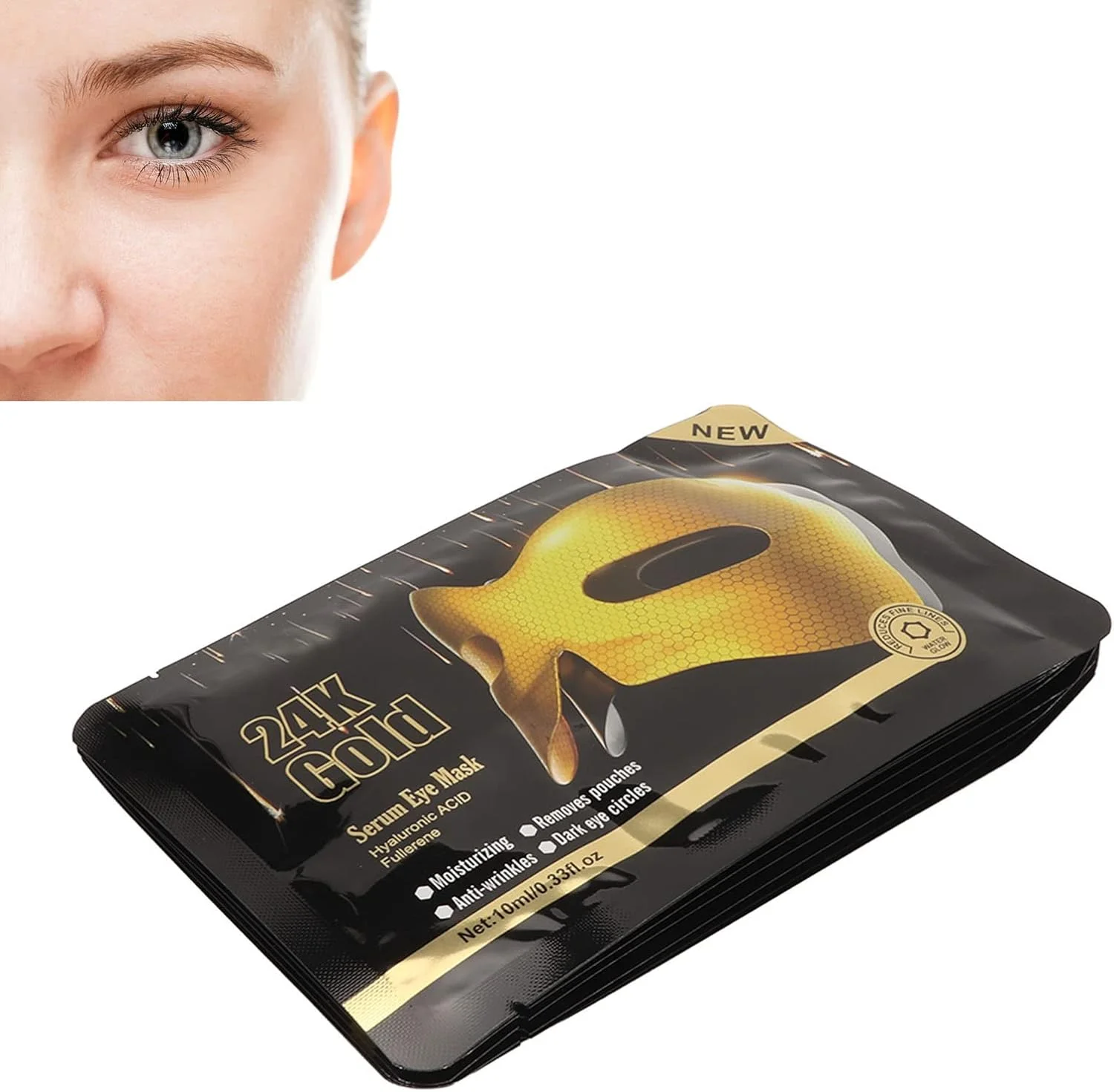 ماسک های مراقبت از چشم، پچ های طلایی 24 عیار لانه زنبوری 10 میلی لیتری، رفع کننده سیاهی دور چشم، خطوط ریز و پف زیر چشم