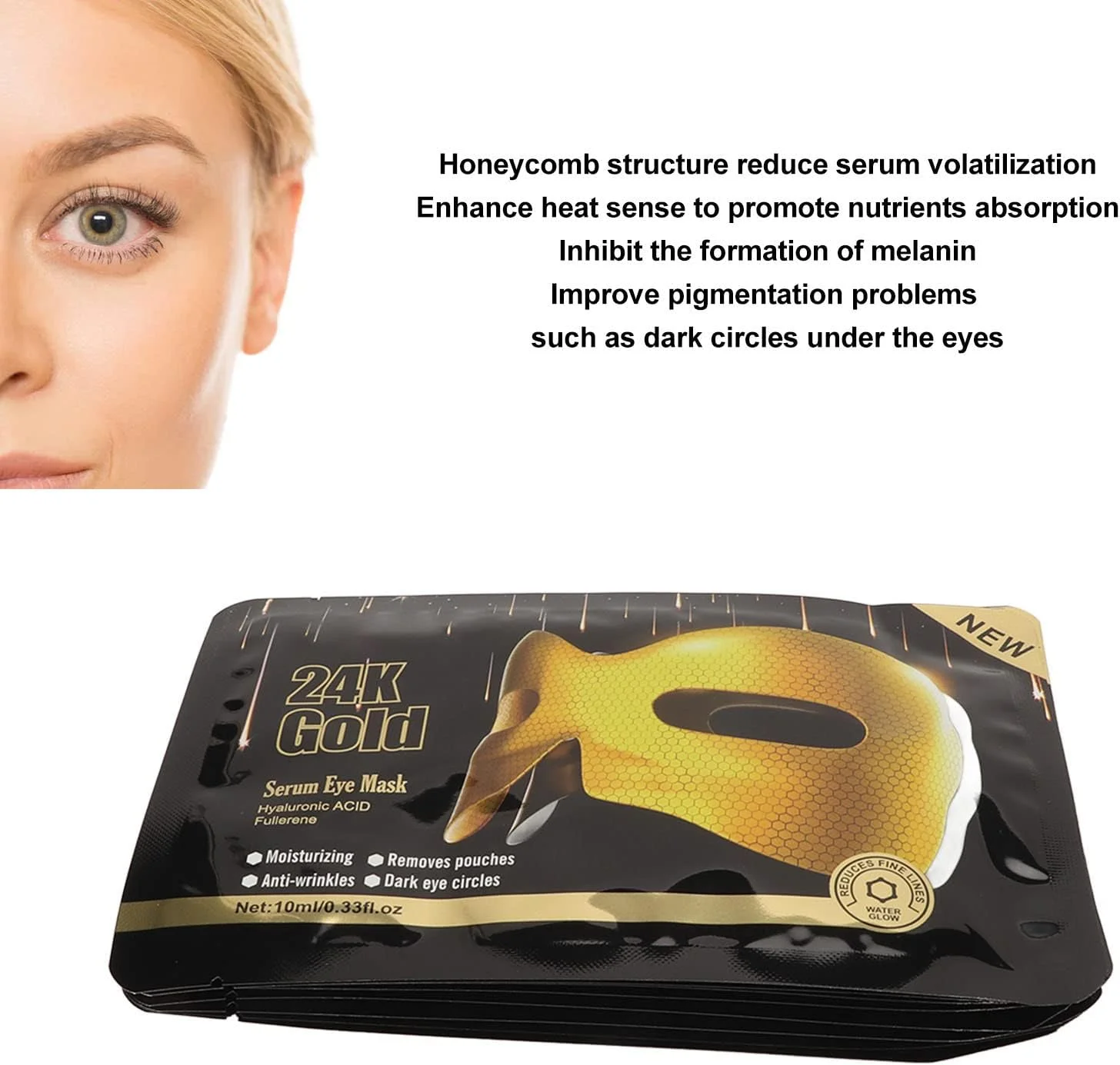 ماسک های مراقبت از چشم، پچ های طلایی 24 عیار لانه زنبوری 10 میلی لیتری، رفع کننده سیاهی دور چشم، خطوط ریز و پف زیر چشم