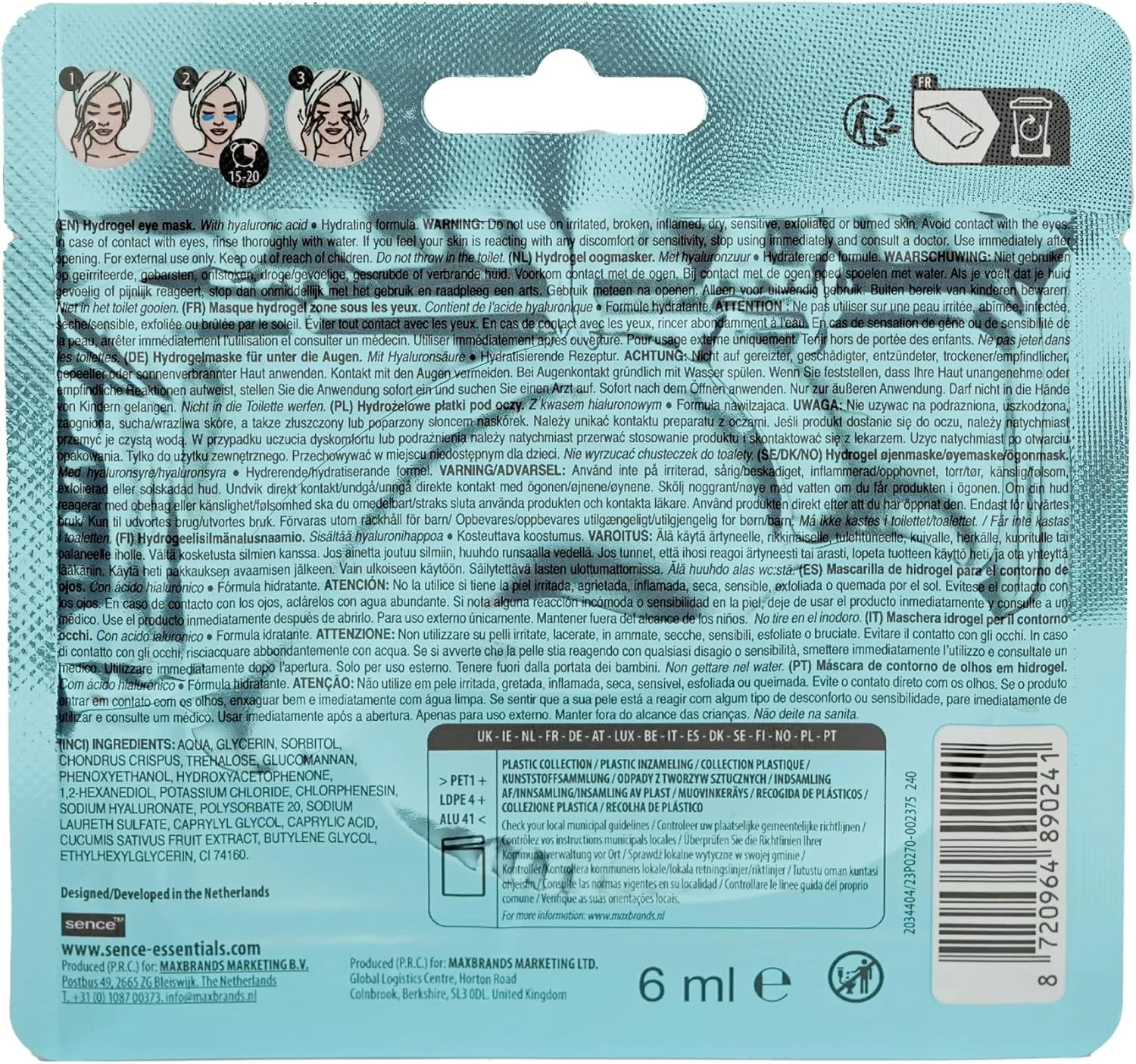 پدهای دور چشم Sence Hydro Shock، مراقبت از صورت با هیدروژل، ماسک چشم حاوی هیالورونیک اسید، ماسک چشم زیبایی وگان، مراقبت مرطوب کننده پوست برای زنان و مردان، بسته 6 عددی (6 x 2 پد)