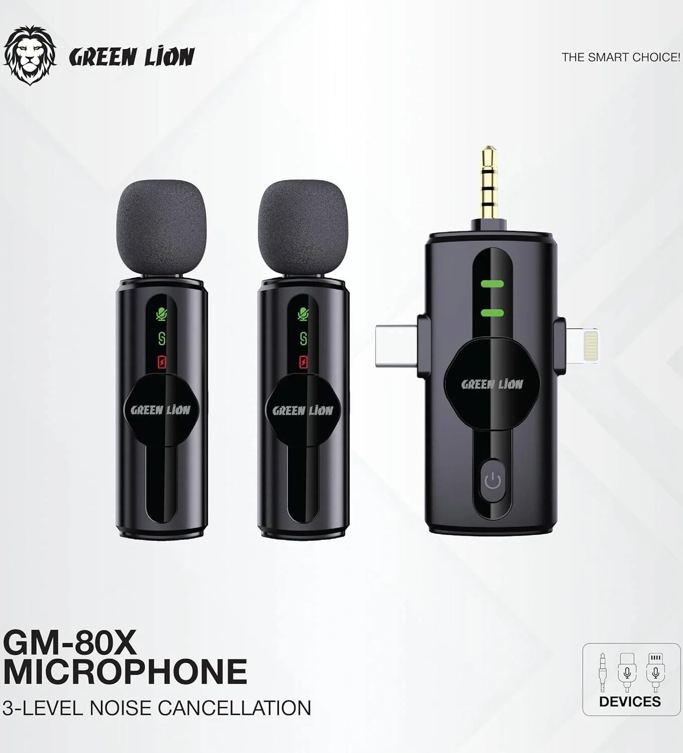 میکروفون دوگانه گرین لاین مدل GM-80X 3 در 1، دارای نمایشگر LED، حذف نویز 3 سطحی، برد انتقال 20 متری، عمر باتری 5 ساعته، باتری میکروفون 65 میلی آمپر ساعتی، تاخیر بسیار کم، پشتیبانی از لایتنینگ/USB-A/USB-C