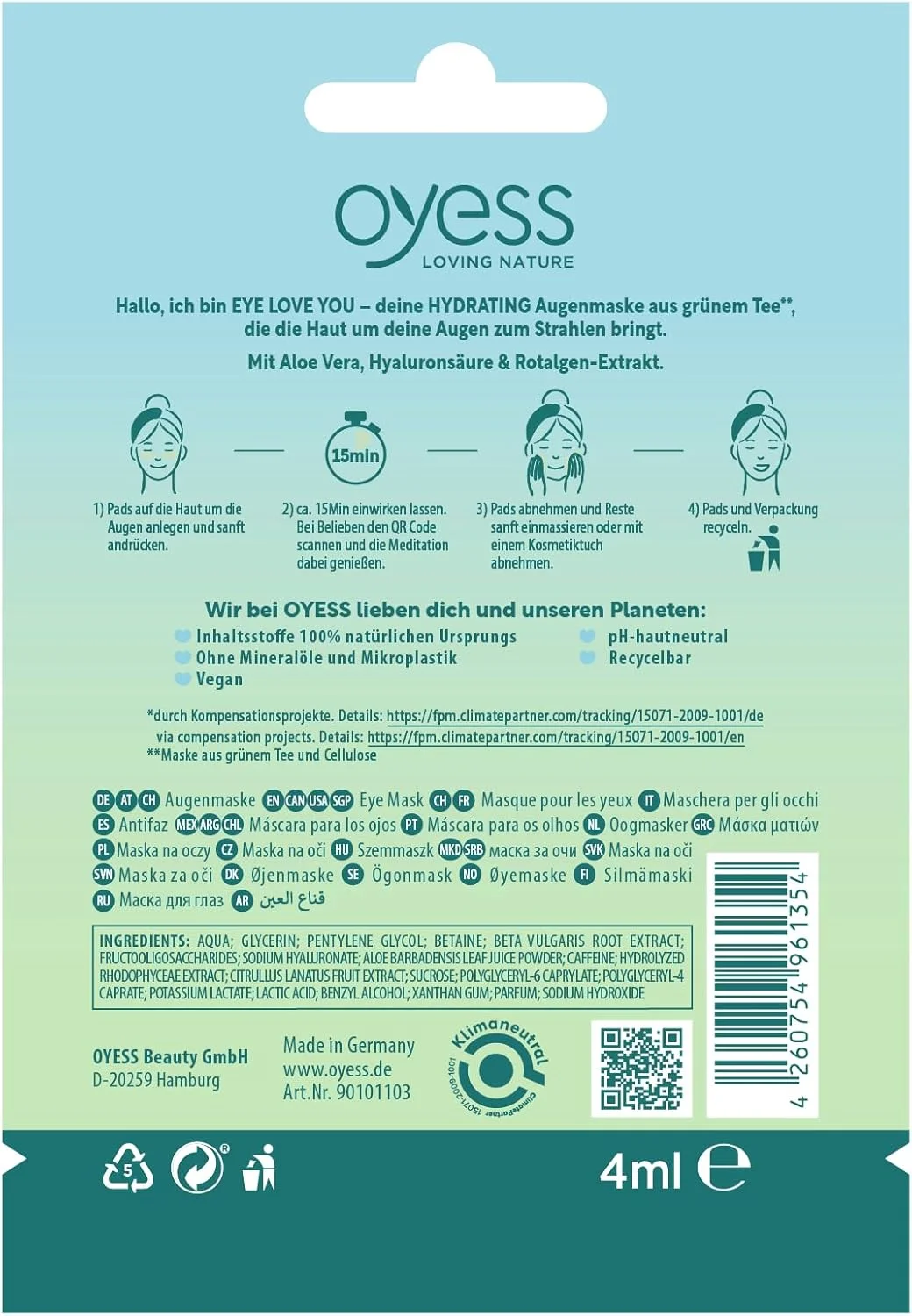 ماسک چشم دوستدار طبیعت OYESS، دوستت دارم چشم، آبرسان
