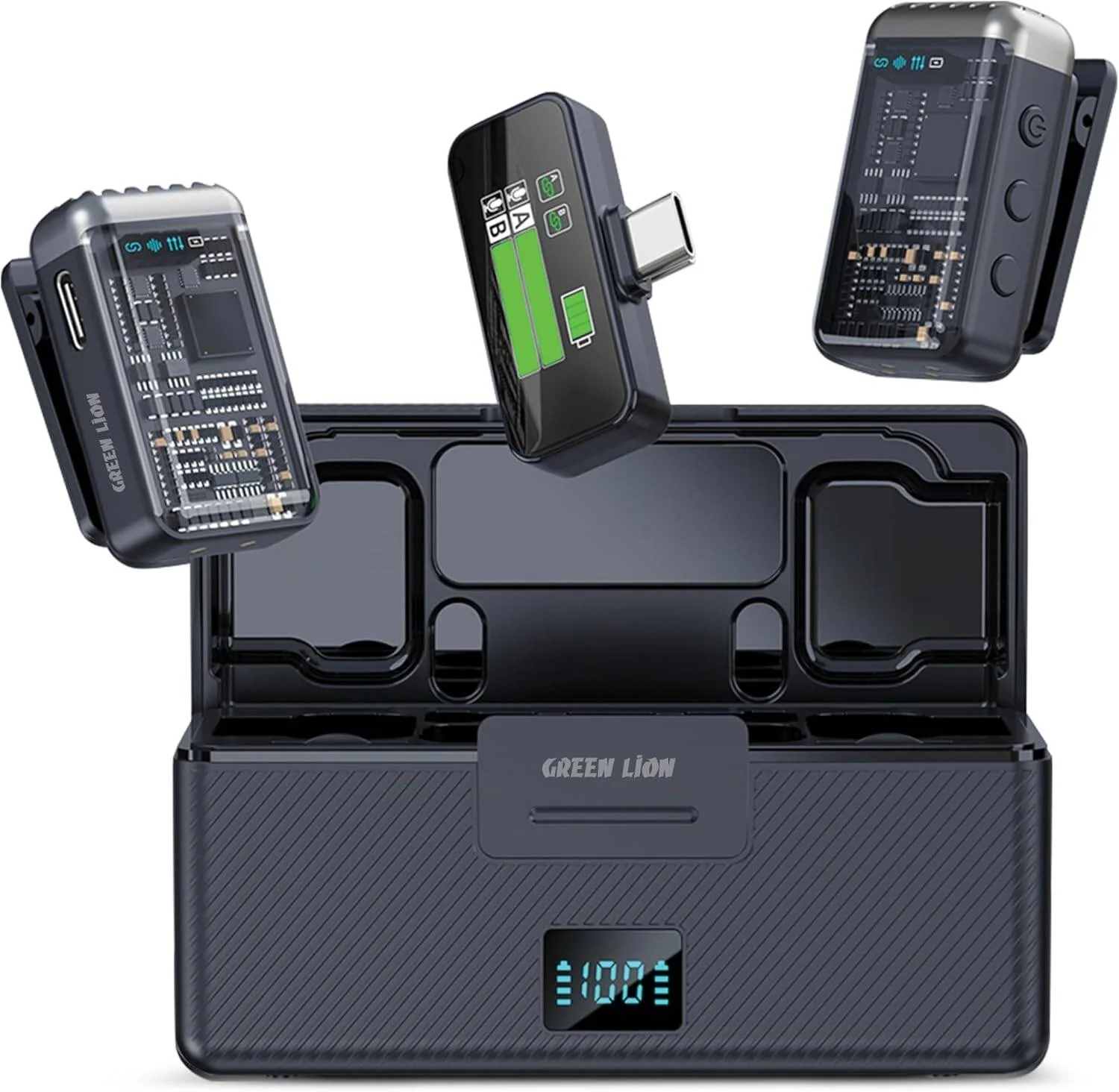 میکروفون بی سیم 3 در 1 گرین لاین مدل GM-90X، اتصال Type-C، حذف نویز، نمایشگر دیجیتال، 8 ساعت زمان کارکرد، تاخیر بسیار کم، 360 درجه همه جهته، بازخورد لرزشی - مشکی