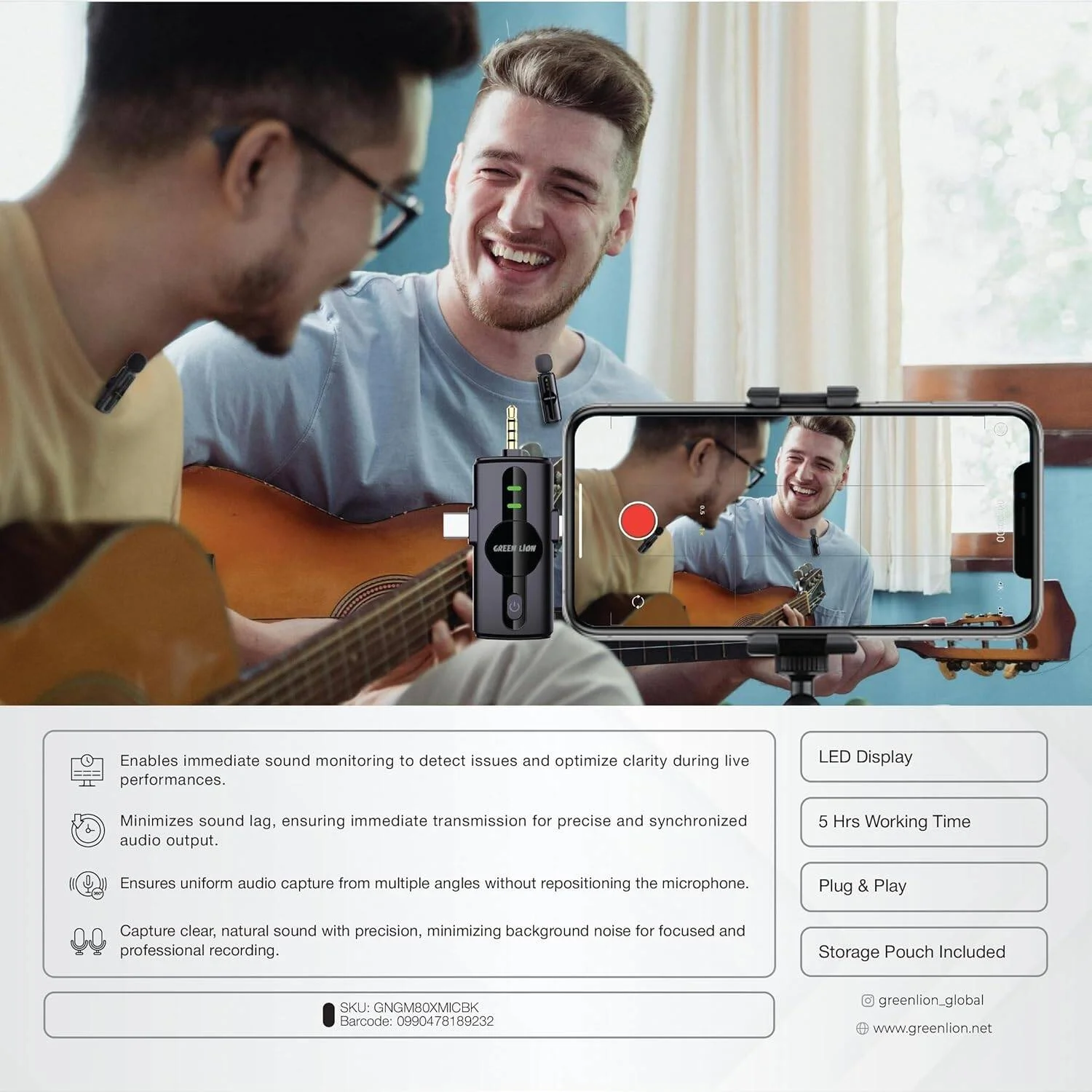 میکروفون دوگانه گرین لاین مدل GM-80X 3 در 1، دارای نمایشگر LED، حذف نویز 3 سطحی، برد انتقال 20 متری، عمر باتری 5 ساعته، باتری میکروفون 65 میلی آمپر ساعتی، تاخیر بسیار کم، پشتیبانی از لایتنینگ/USB-A/USB-C