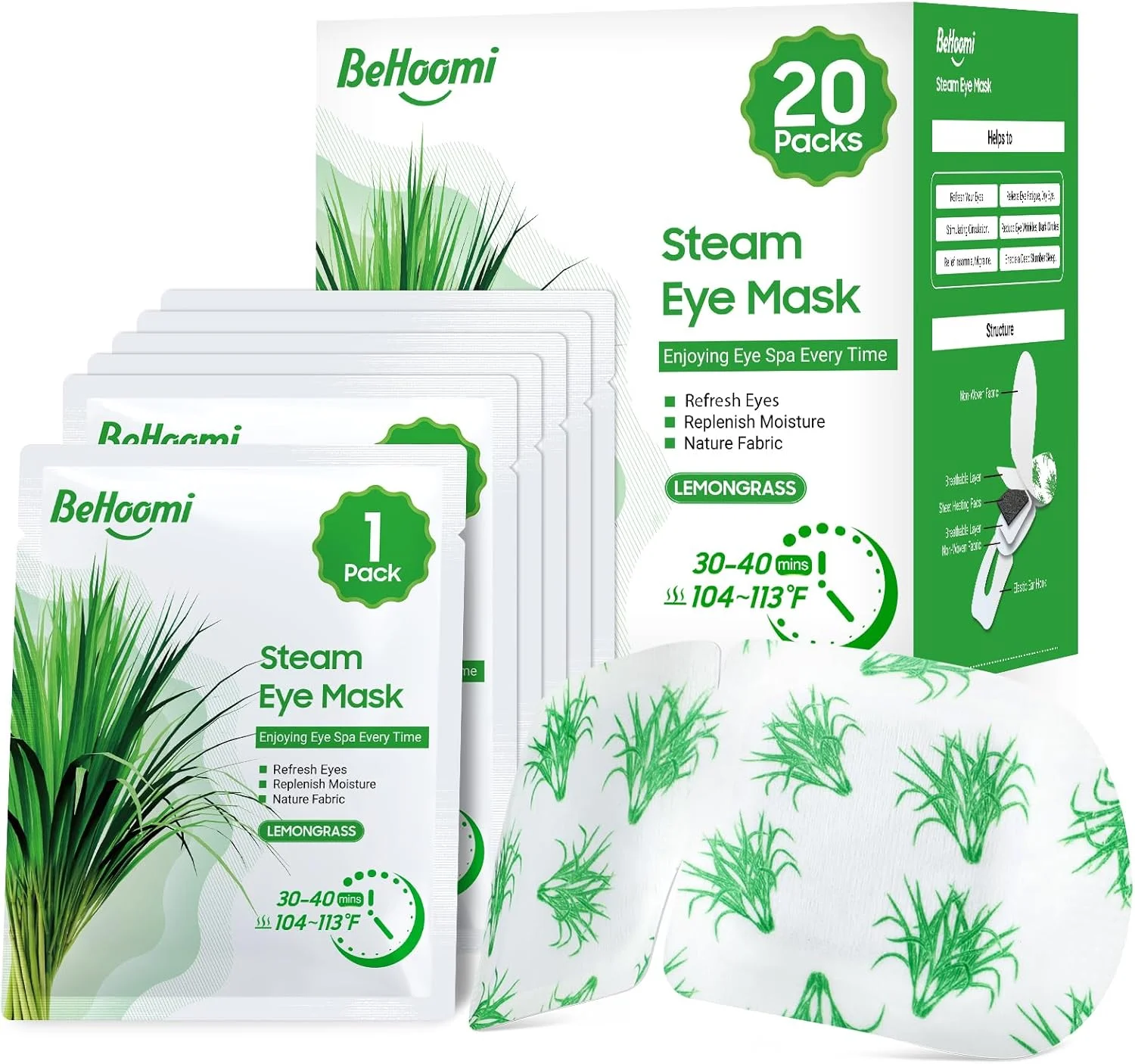 ماسک چشم بخار، 20 عددی، کمپرس گرم ماسک چشم گرم شده برای چشم، ماسک بخار خود گرم شونده یکبار مصرف برای خانه، خواب، اسپا، ملزومات سفر و هدایای آرامش بخش برای زنان (علف لیمو)