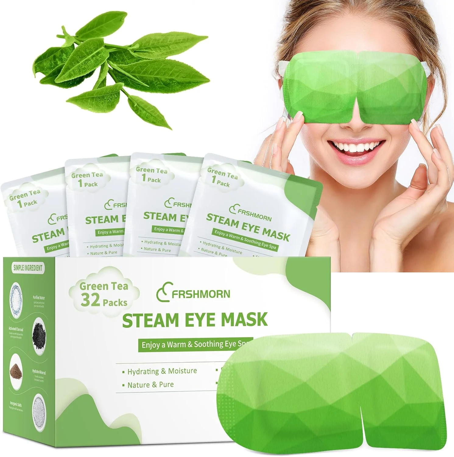 ماسک بخار چشم 32 عددی، ماسک گرم کننده چشم برای خواب، کمپرس گرم برای چشم، ماسک یکبار مصرف خود گرم شونده چشم، ماسک خواب راحت برای خانه، دفتر، اسپا، ملزومات سفر (چای سبز)