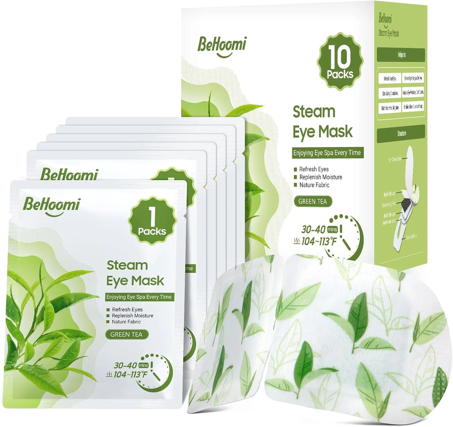 ماسک چشم بخار، 10 عددی ماسک چشم گرمایشی، کمپرس گرم مرطوب یکبار مصرف برای چشم، ماسک خواب، وسایل ضروری سفر و هدایای آرامش بخش (رایحه چای سبز)