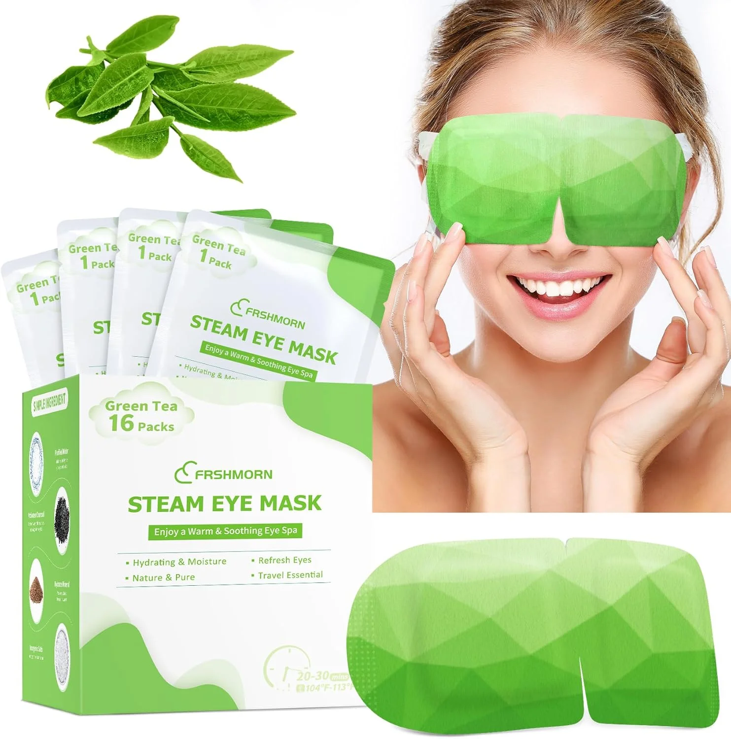 16 عدد ماسک چشم بخار، ماسک چشم گرم برای خواب، کمپرس گرم برای چشم، ماسک چشم یکبار مصرف خود گرم شونده، ماسک خواب راحت برای خانه، دفتر، اسپا، ملزومات سفر (چای سبز)