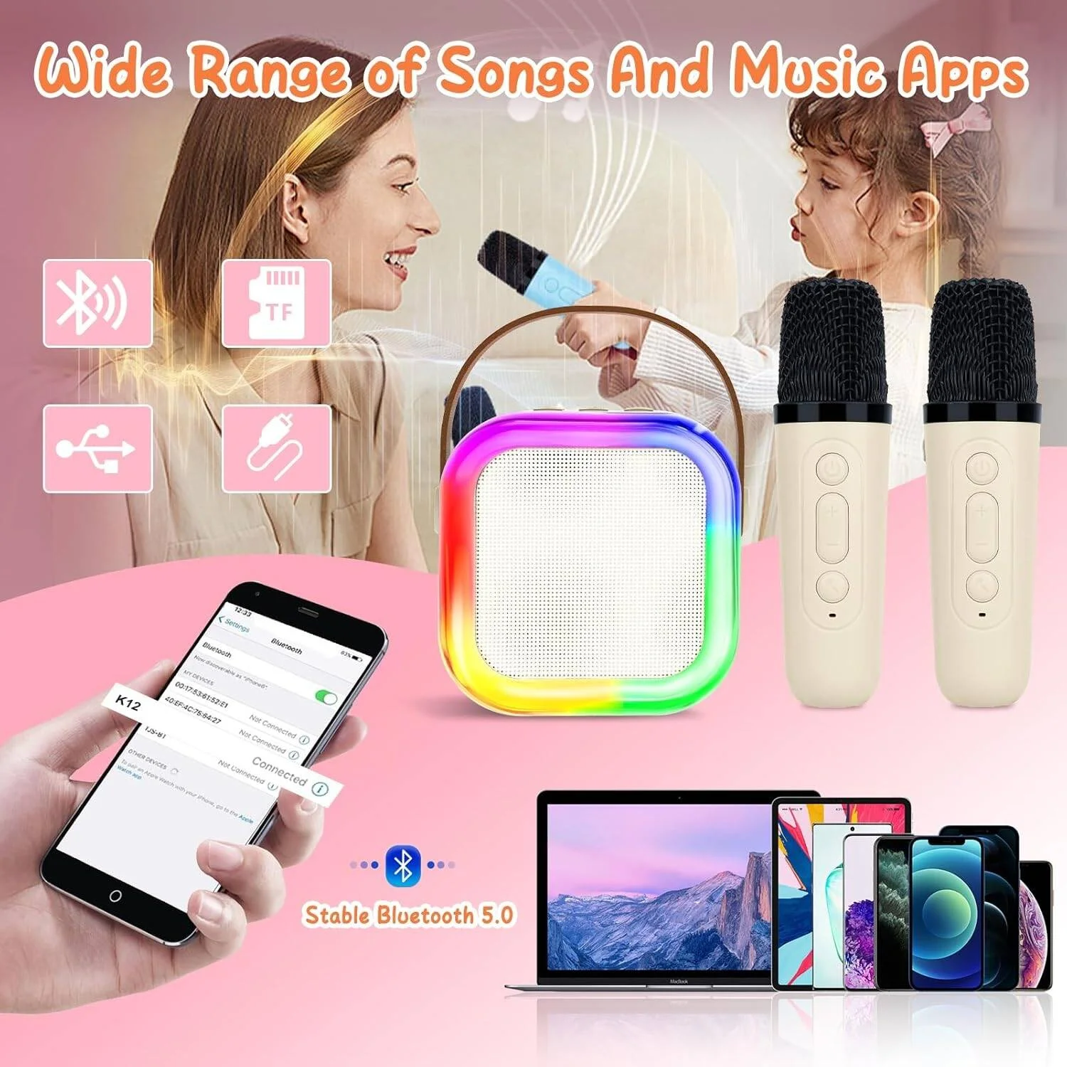 دستگاه کارائوکه کودکان با 1 میکروفون، میکروفون کارائوکه بی سیم با LED، بلندگوی بلوتوث قابل حمل، هدیه اسباب بازی کارائوکه برای دختران و پسران سفید 2 دستگاه کارائوکه کودکان با 1 میکروفون، میکروفون کارائوکه بی سیم با LED، بلندگوی بلوتوث قابل حمل، هدیه اسباب بازی کارائوکه برای دختران و پسران سفید 2