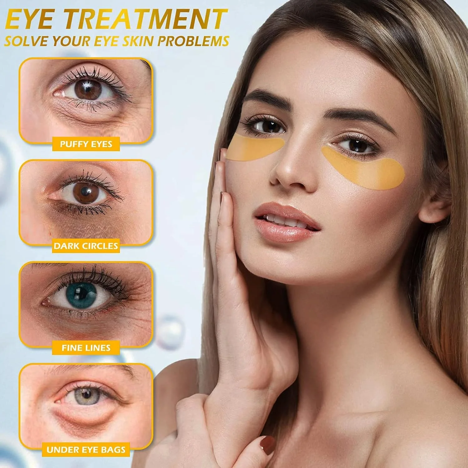 پدهای دور چشم 60 عددی، پدهای دور چشم ضد تیرگی، ماسک دور چشم اسید هیالورونیک، پدهای دور چشم کلاژن ضد تیرگی، رفع تیرگی دور چشم، کاهش چین و چروک و پف