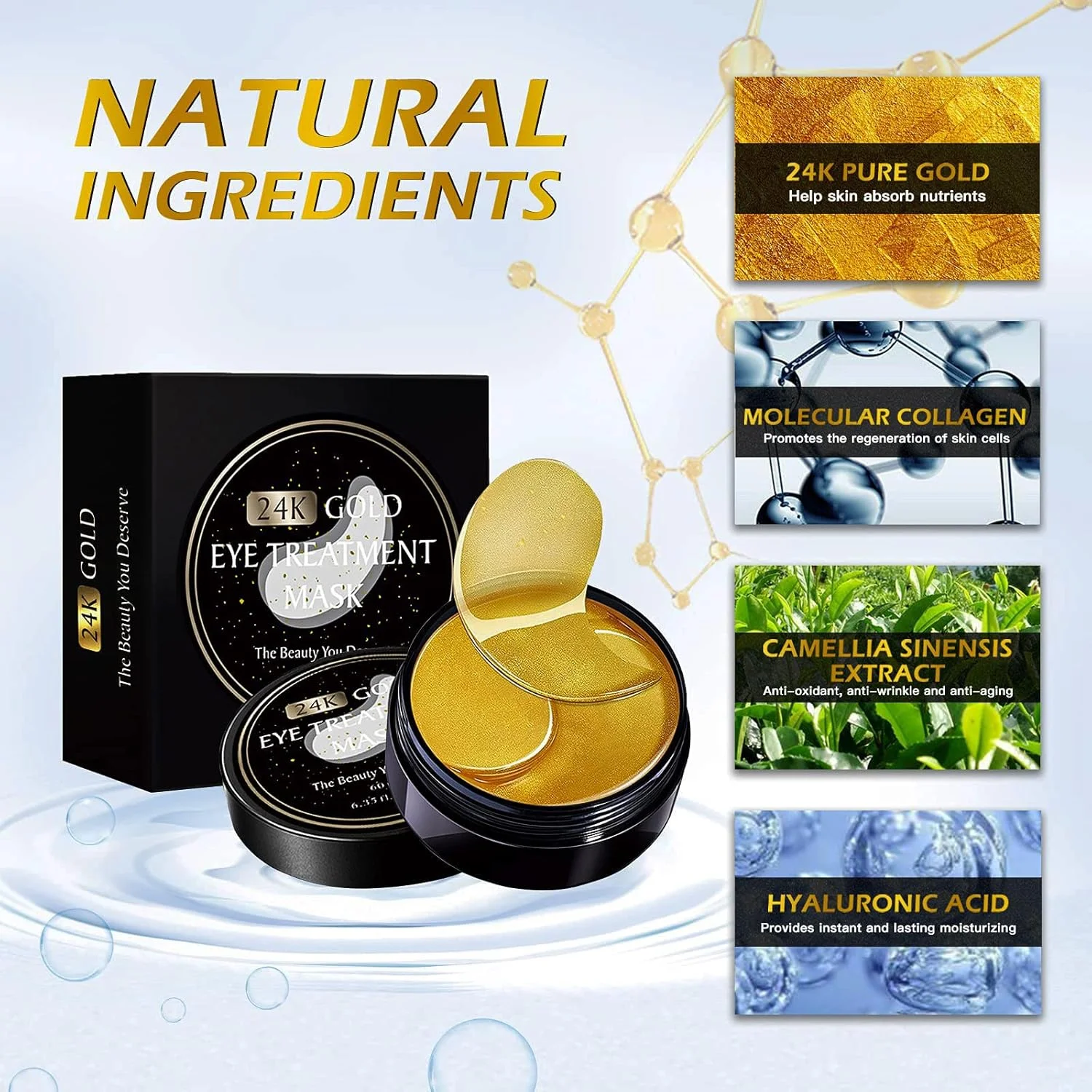 پدهای دور چشم 60 عددی، پدهای دور چشم ضد تیرگی، ماسک دور چشم اسید هیالورونیک، پدهای دور چشم کلاژن ضد تیرگی، رفع تیرگی دور چشم، کاهش چین و چروک و پف