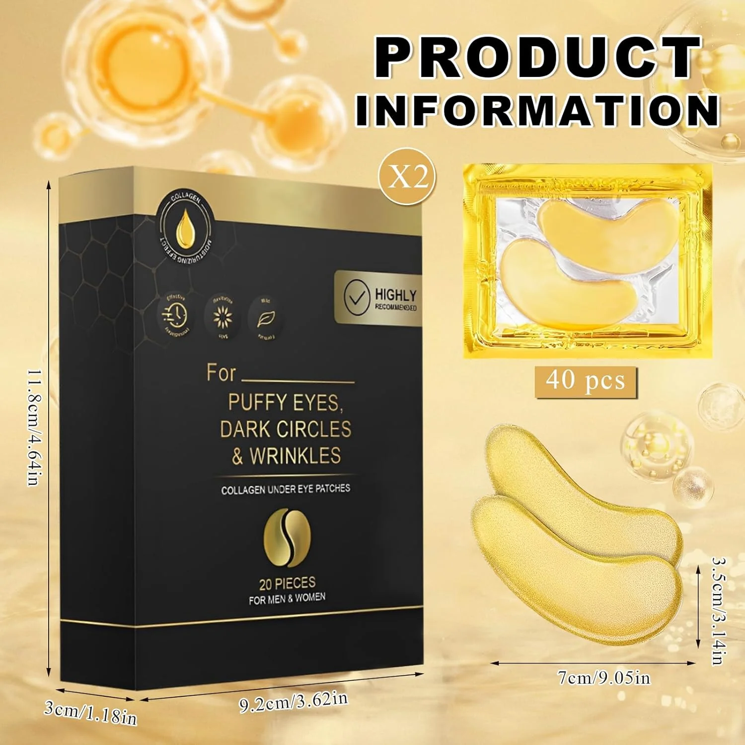 پدهای طلایی دور چشم، پدهای کلاژن طلایی دور چشم، پدهای ضد پیری دور چشم، ماسک چشم اسید هیالورونیک و کلاژن، برای مقابله با حلقه های تیره و پف زیر چشم، برای چین و چروک و تورم، بسته 40 عددی