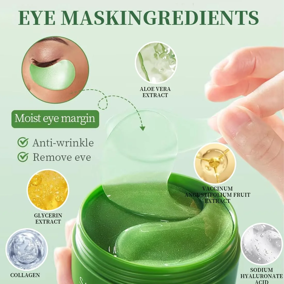 پدهای زیر چشم، 60 عدد پد زیر چشم، پچ های چشم، پدهای کلاژن زیر چشم برای رفع سیاهی دور چشم حاوی آلوئه ورا، ماسک چشم هیالورونیک اسید، رفع سیاهی دور چشم، چین و چروک، پف و کیسه های زیر چشم (سبز)