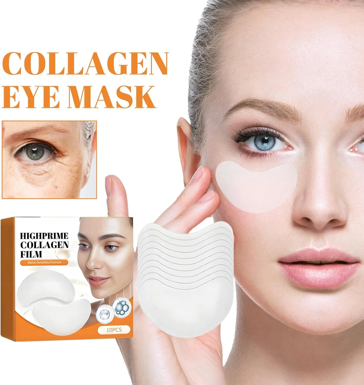 ماسک چشم کلاژن 10 عددی، پچ چشم سفت کننده، روشن کننده و مرطوب کننده پوست، حاوی اسانس کلاژن، محو کننده چین و چروک، ضد پیری
