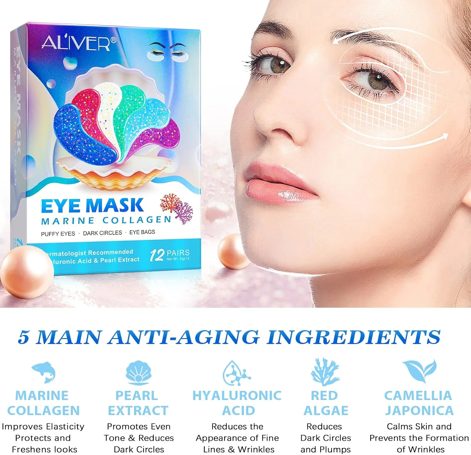 پدهای ژلی دور چشم، ماسک چشم، پدهای کلاژن دریایی طبیعی، مراقبت مرطوب کننده چشم، ماسک های مرواریدی که چین و چروک، پف، سیاهی دور چشم، پف کردگی و خطوط ریز را کاهش می دهند، 12 جفت