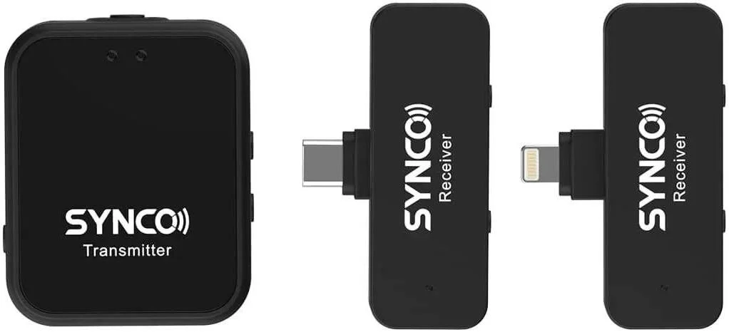 سیستم میکروفون بی‌سیم 2.4 گیگاهرتزی SYNCO G1TL با درگاه USB-C و لایتنینگ برای گوشی‌های هوشمند آیفون و اندروید، برد 150 متری، تا 8 ساعت ضبط، کنترل گین 3 مرحله‌ای، میکروفون گیره‌ای برای ولاگ یوتیوب، مشکی | WAIR-G1TL