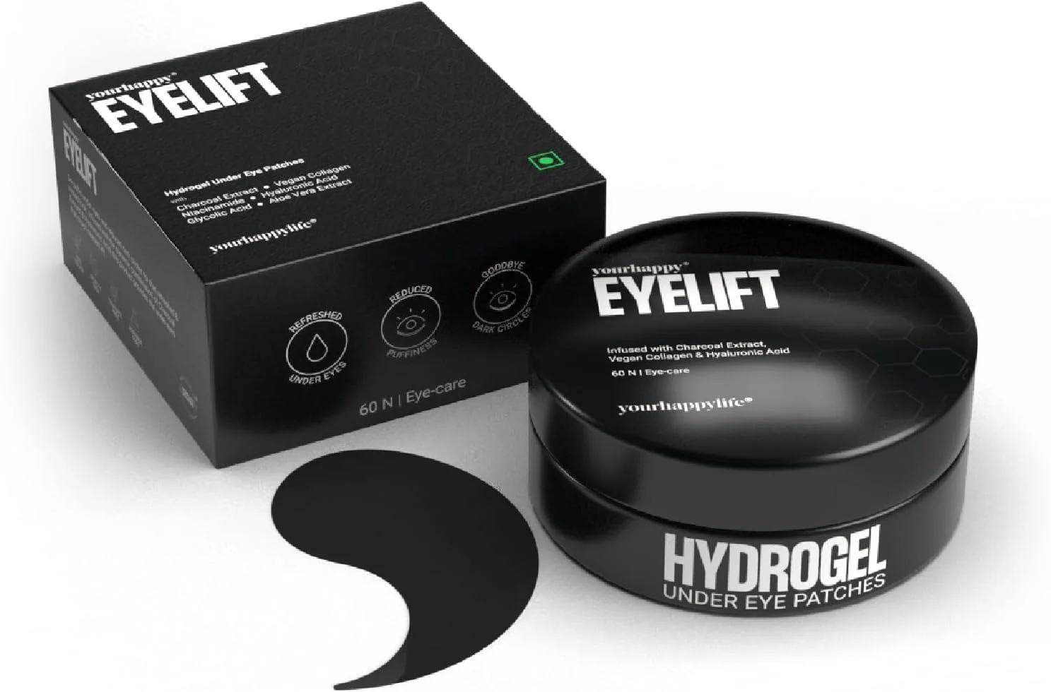 پچ های زیر چشم هیدروژلی YourHappyLife برای کاهش تیرگی و پف با زغال و کلاژن، کاهش خطوط ریز | آبرسانی پوست و اثر خنک کنندگی فوری | وگان | 60 عدد.