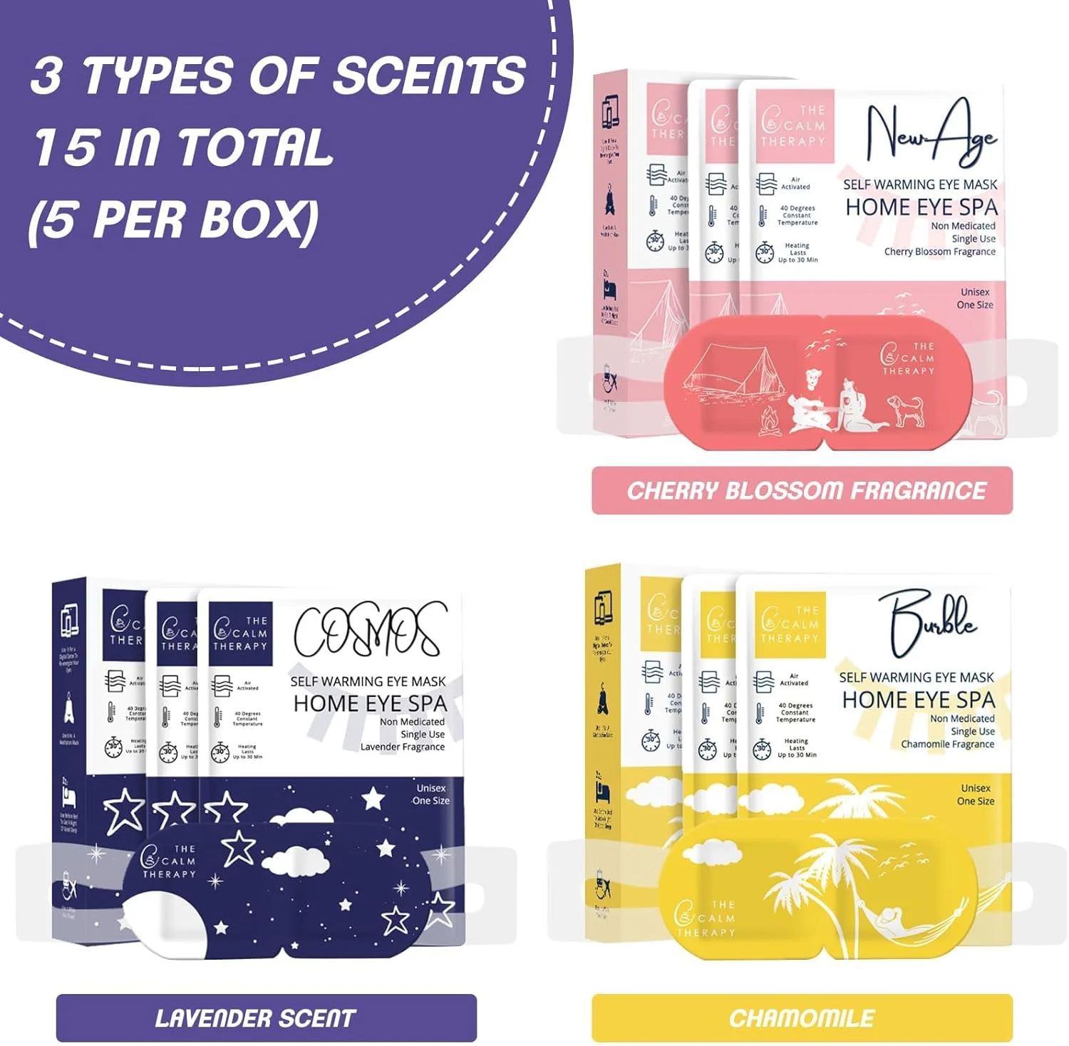 ماسک چشم خود گرم شونده 15 عددی، ماسک بخار چشم برای خشکی چشم، پد گرم مرطوب کننده چشم با 3 رایحه آرامش بخش، تسکین خستگی چشم و بهبود خواب (اسطوخودوس، بابونه، شکوفه گیلاس)