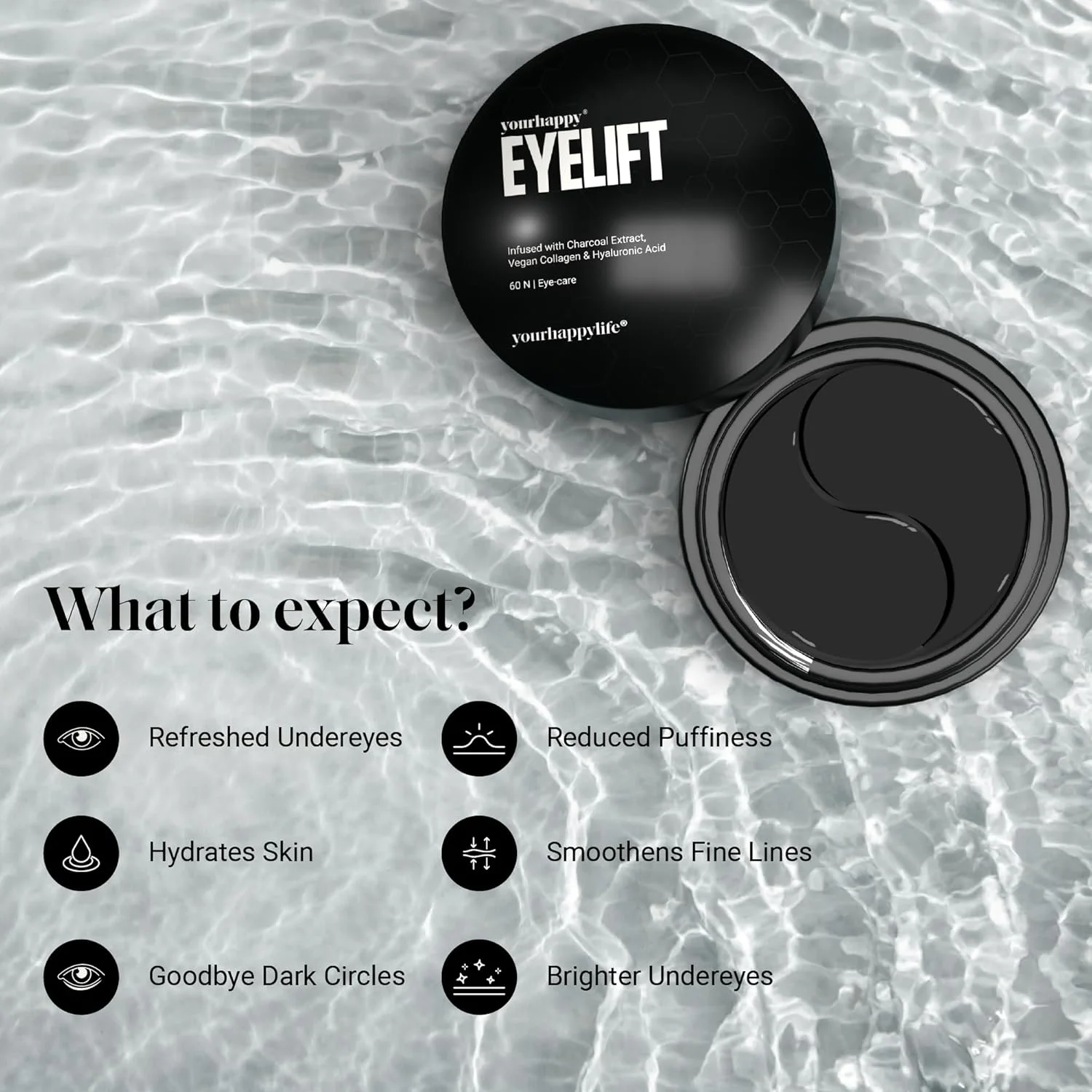 پچ های زیر چشم هیدروژلی YourHappyLife برای کاهش تیرگی و پف با زغال و کلاژن، کاهش خطوط ریز | آبرسانی پوست و اثر خنک کنندگی فوری | وگان | 60 عدد.