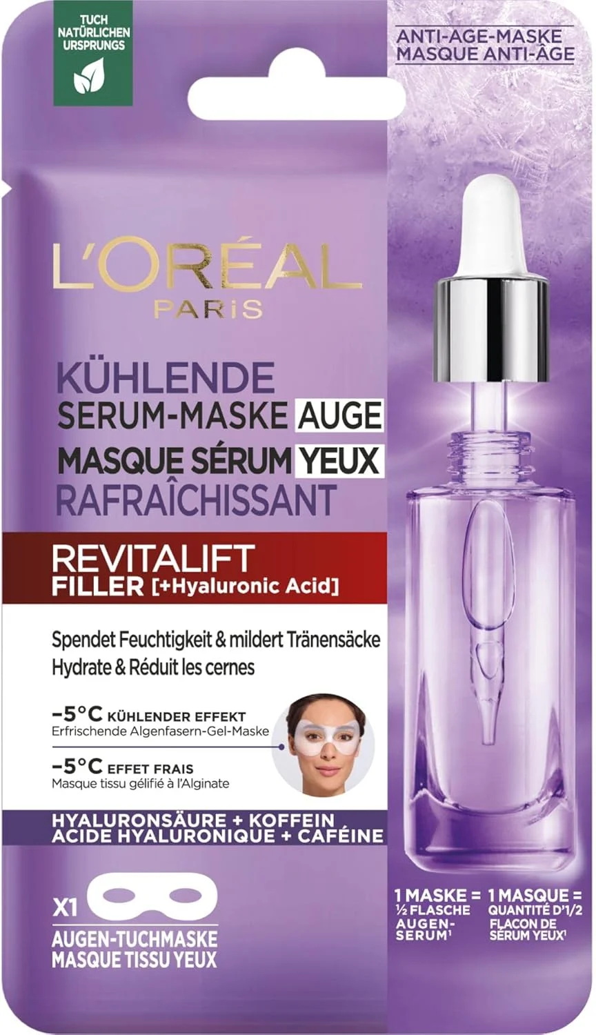 ماسک خنک کننده دور چشم لورآل پاریس Revitalift Filler برای ناحیه دور چشم درخشان با 0.5% میکرو هیالورونیک اسید و 0.5% کافئین، بسته 1 عددی