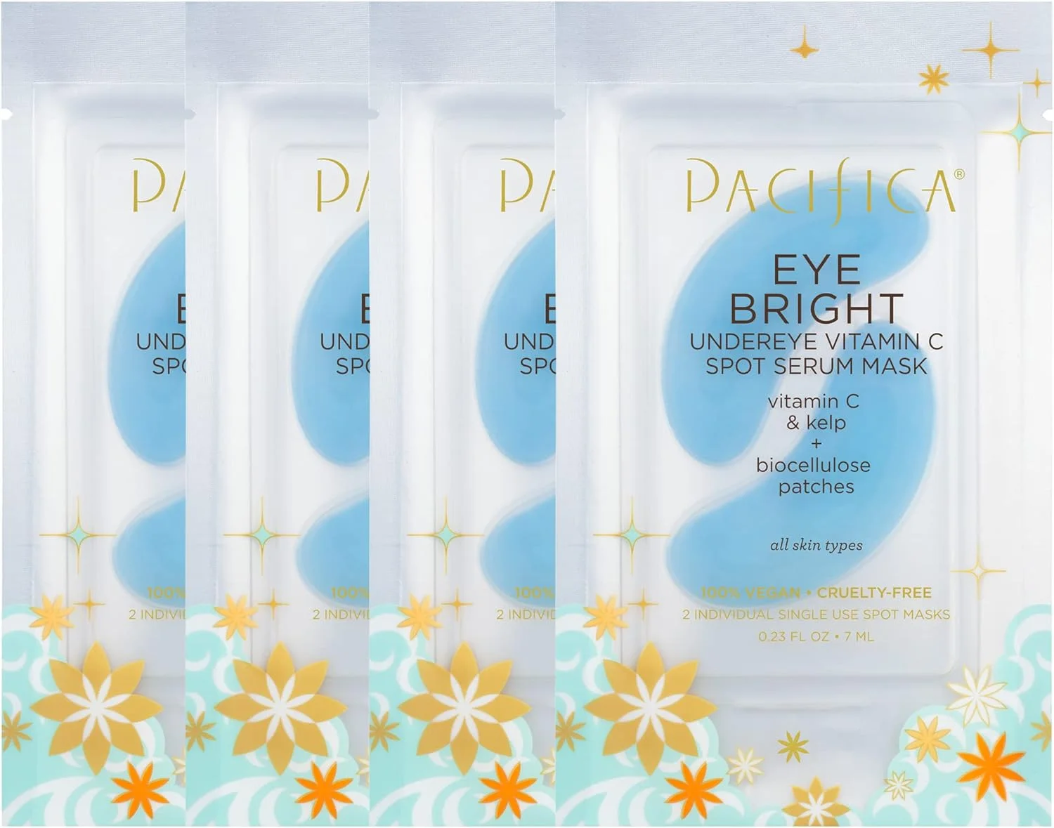 ماسک سرمی روشن کننده دور چشم ویتامین C پسیفیکا بیوتی، پچ های زیر چشم، روشن کننده، مرطوب کننده، حجم دهنده برای انواع پوست، گیاهی، وگان + بدون تست حیوانی، آبی، 4 عدد