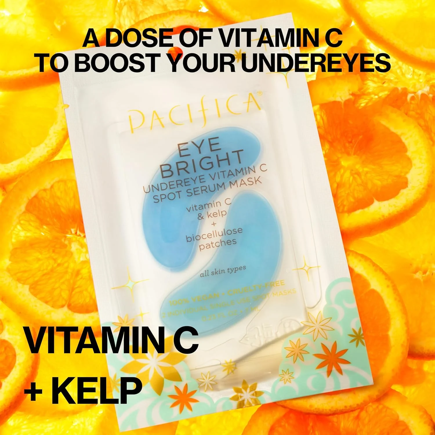 ماسک سرمی روشن کننده دور چشم ویتامین C پسیفیکا بیوتی، پچ های زیر چشم، روشن کننده، مرطوب کننده، حجم دهنده برای انواع پوست، گیاهی، وگان + بدون تست حیوانی، آبی، 4 عدد