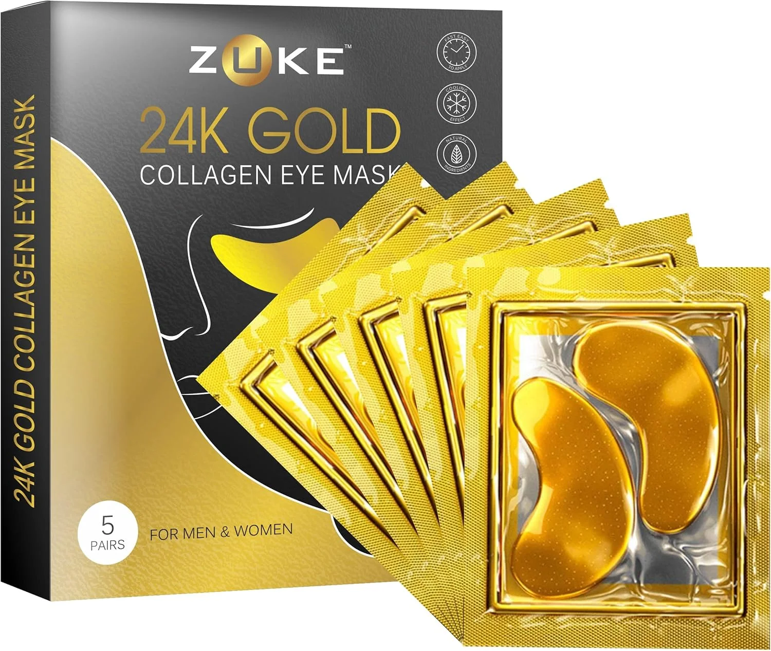 پچ زیر چشم زوکه - 5 جفت | طلای 24 عیار با کلاژن وگان برای سیاهی و پف زیر چشم | درمان چروک و خطوط ریز | غنی شده با رزماری و اسید هیالورونیک