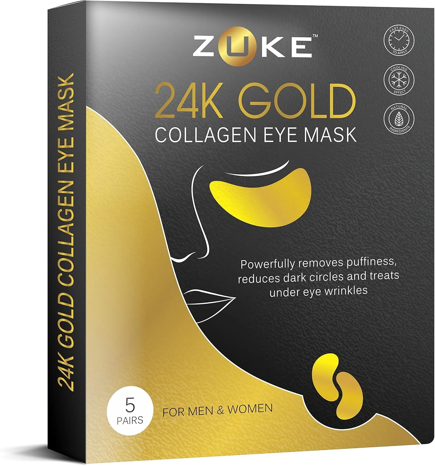 پچ زیر چشم زوکه - 5 جفت | طلای 24 عیار با کلاژن وگان برای سیاهی و پف زیر چشم | درمان چروک و خطوط ریز | غنی شده با رزماری و اسید هیالورونیک
