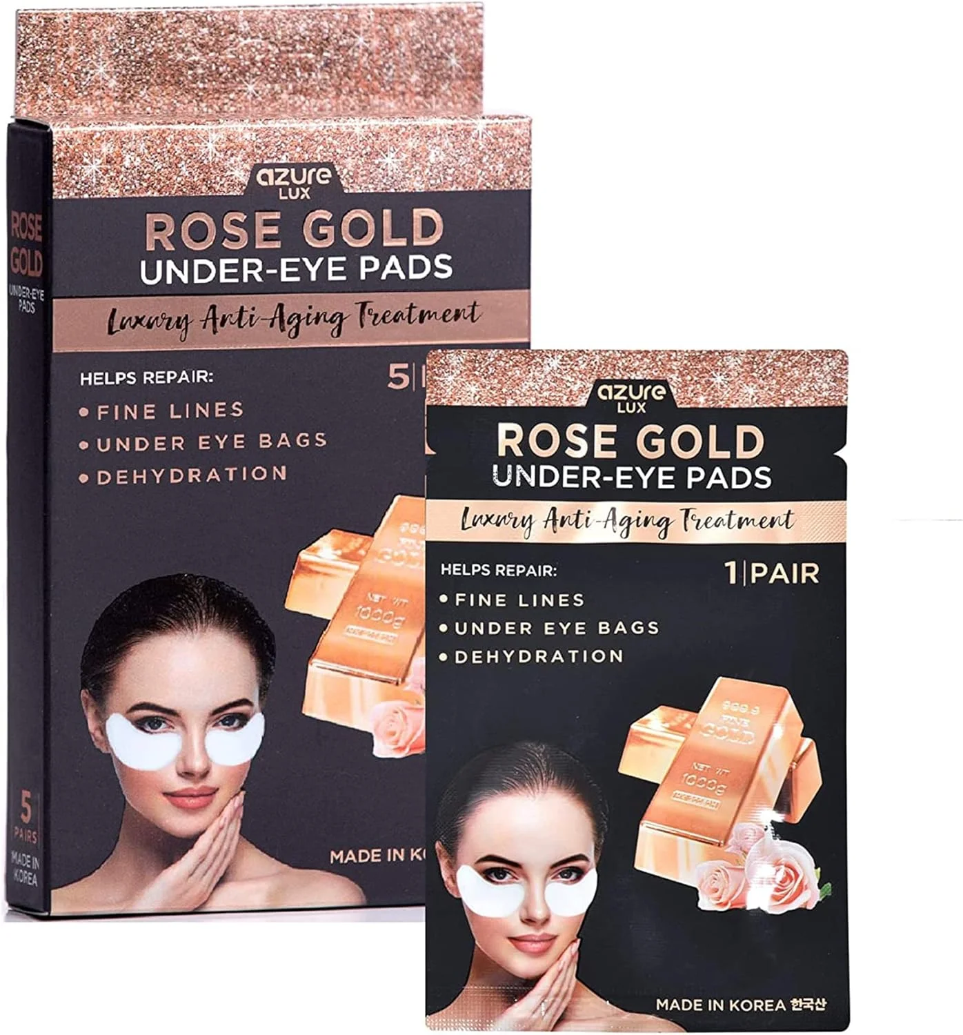 پد زیر چشم لوکس رز گلد Azure Cosmetics - کاهش خطوط ریز و چین و چروک | لیفت و صاف کننده ناحیه ظریف چشم | تقویت و مرطوب کننده - 5 جفت
