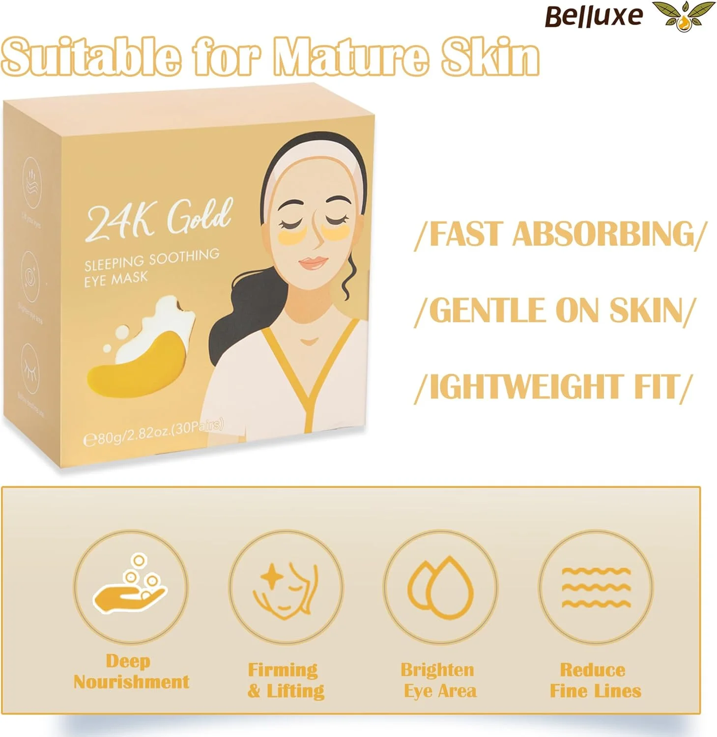 ماسک چشم طلای 24 عیار، 2 بسته - 60 جفت، 120 عدد | پدهای ژلی سفت کننده چشم برای چین و چروک و سیاهی دور چشم، روشن کننده مراقبت از زیر چشم