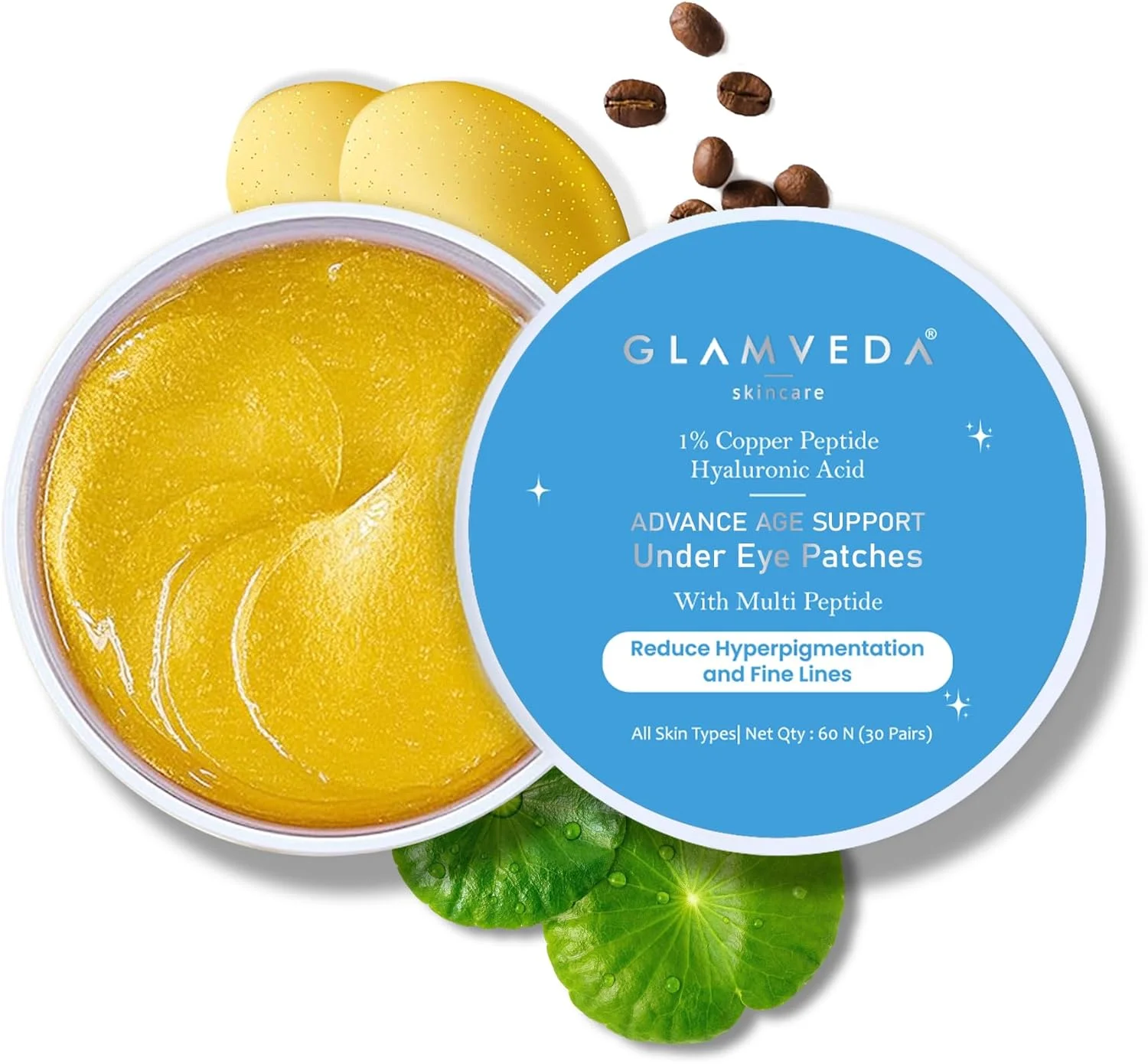 پدهای زیر چشم Glamveda حاوی پپتید مس 1% و هیالورونیک اسید، پشتیبانی پیشرفته از جوانی پوست برای کاهش تیرگی و پف | کاهش خطوط ریز و چین و چروک | کافئین و پپتیدهای متعدد | ماسک چشم برای