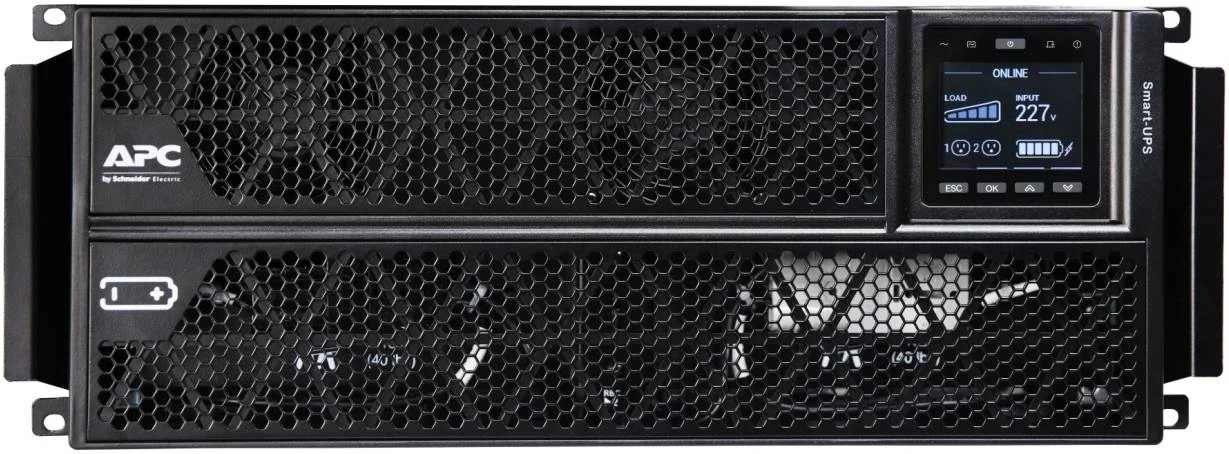 منبع تغذیه بدون وقفه هوشمند APC RT 5kVA، ولتاژ ورودی 230 ولت، نصب شده در رک با کیت، نوع باتری اسید سرب، 2 اتصال IEC 60320 C13 / 1 اتصال IEC 60320 C19، توان شارژر 239 وات، 1 زمان اجرای توسعه یافته، مشکی | SRTG5KXLI