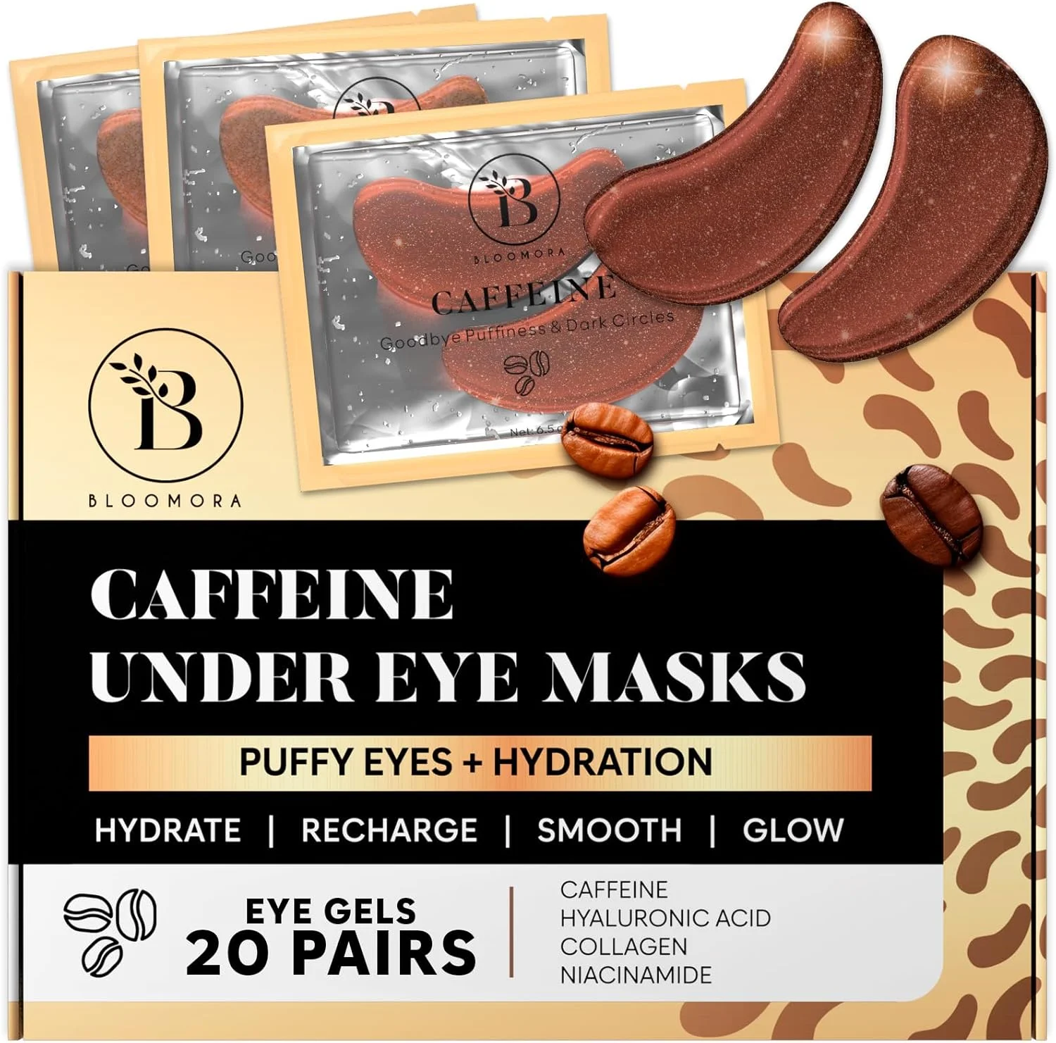 پدهای دور چشم کافئین (20 جفت) - پدهای دور چشم حاوی نیاسینامید و هیالورونیک اسید - پدهای دور چشم ضد تیرگی - رفع تیرگی دور چشم - پچ های دور چشم