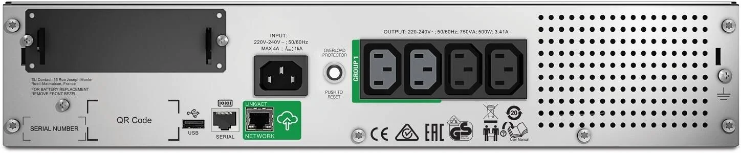 APC Smart-UPS، تعاملی خطی، 750VA، رک مونت 2U، ولتاژ ورودی اصلی 230 ولت، 4 عدد خروجی IEC C13، پورت SmartConnect + SmartSlot، AVR، LCD | SMT750RMI2UC