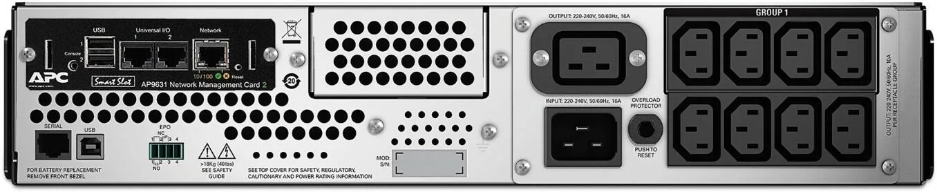 منبع تغذیه بدون وقفه APC Smart-UPS، تعاملی خطی، توان نامی 3kVA، نصب در رک 2U، ولتاژ ورودی اصلی 230 ولت، 8 خروجی IEC C13 + 1 خروجی IEC C19، کارت شبکه، AVR، LCD | SMT3000RMI2UNC