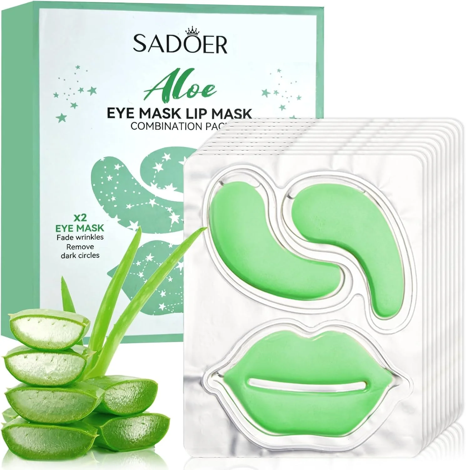 پدهای دور چشم و ماسک لب آلوئه ورا، حاوی اسید هیالورونیک و عصاره آلوئه ورا، مراقبت از لب، پدهای دور چشم برای رفع تیرگی، چین و چروک، زیر چشم، ضد پیری، رفع پف