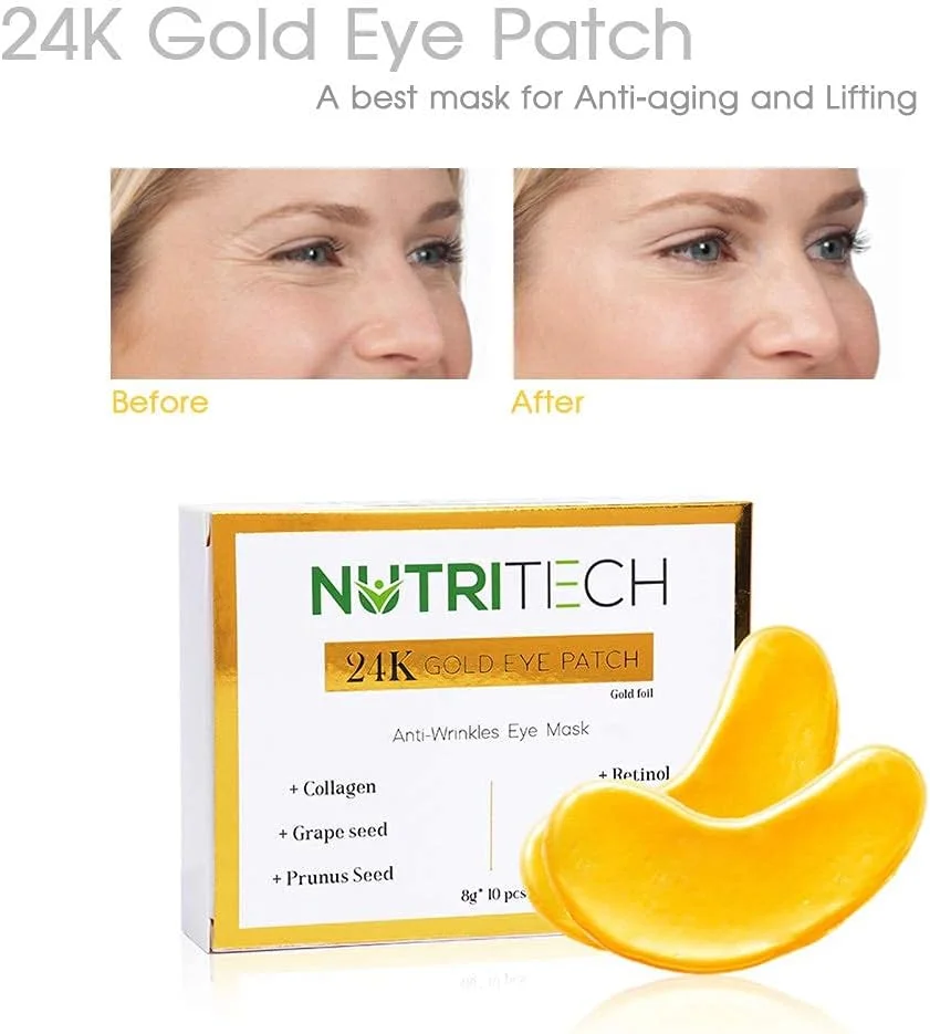 پچ های زیر چشم نوتریتک، ماسک زیر چشم کلاژن طلای 24 عیار، ضد پیری، ماسک درمان زیر چشم برای پف، حلقه های تیره و چین و چروک، 10 جفت