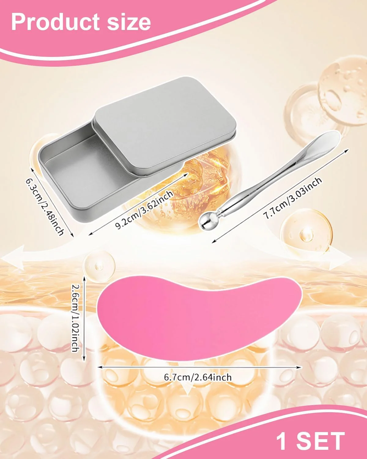 یک جفت پد چشم قابل استفاده مجدد، پدهای سیلیکونی چشم، ماسک زیر چشم قابل استفاده مجدد برای کاهش خطوط ریز و چین و چروک به همراه اپلیکاتور کرم چشم فلزی و جعبه فلزی (صورتی)