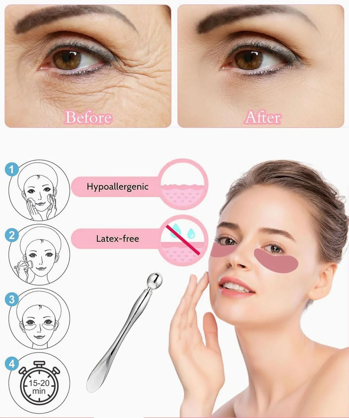 یک جفت پد چشم قابل استفاده مجدد، پدهای سیلیکونی چشم، ماسک زیر چشم قابل استفاده مجدد برای کاهش خطوط ریز و چین و چروک به همراه اپلیکاتور کرم چشم فلزی و جعبه فلزی (صورتی)