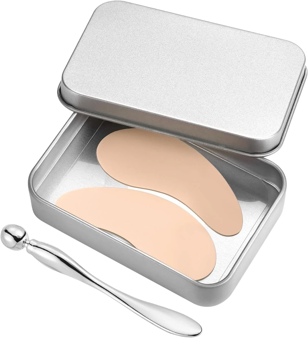 یک جفت پد چشم سیلیکونی قابل استفاده مجدد، پدهای ژلی زیر چشم با اپلیکاتور فلزی کرم دور چشم و جعبه حلبی، ماسک صورت سیلیکونی برای پف و سیاهی دور چشم (رنگ کرم)