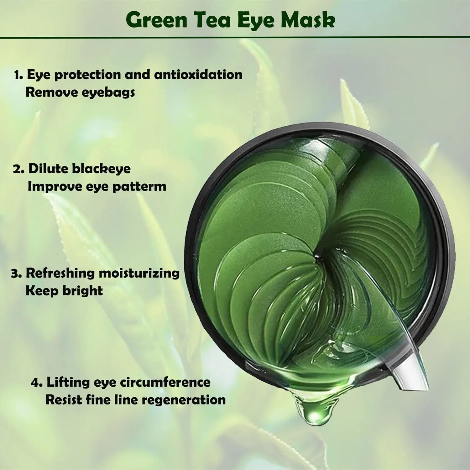 پچ زیر چشم، ماسک چشم چای سبز ماچا برای حلقه های تیره، پف زیر چشم، پچ کلاژن زیر چشم، مرطوب کننده اسید هیالورونیک برای رفع چین و چروک زیر چشم، رفع پف زیر چشم، آبرسان و ضد پیری (30 جفت)