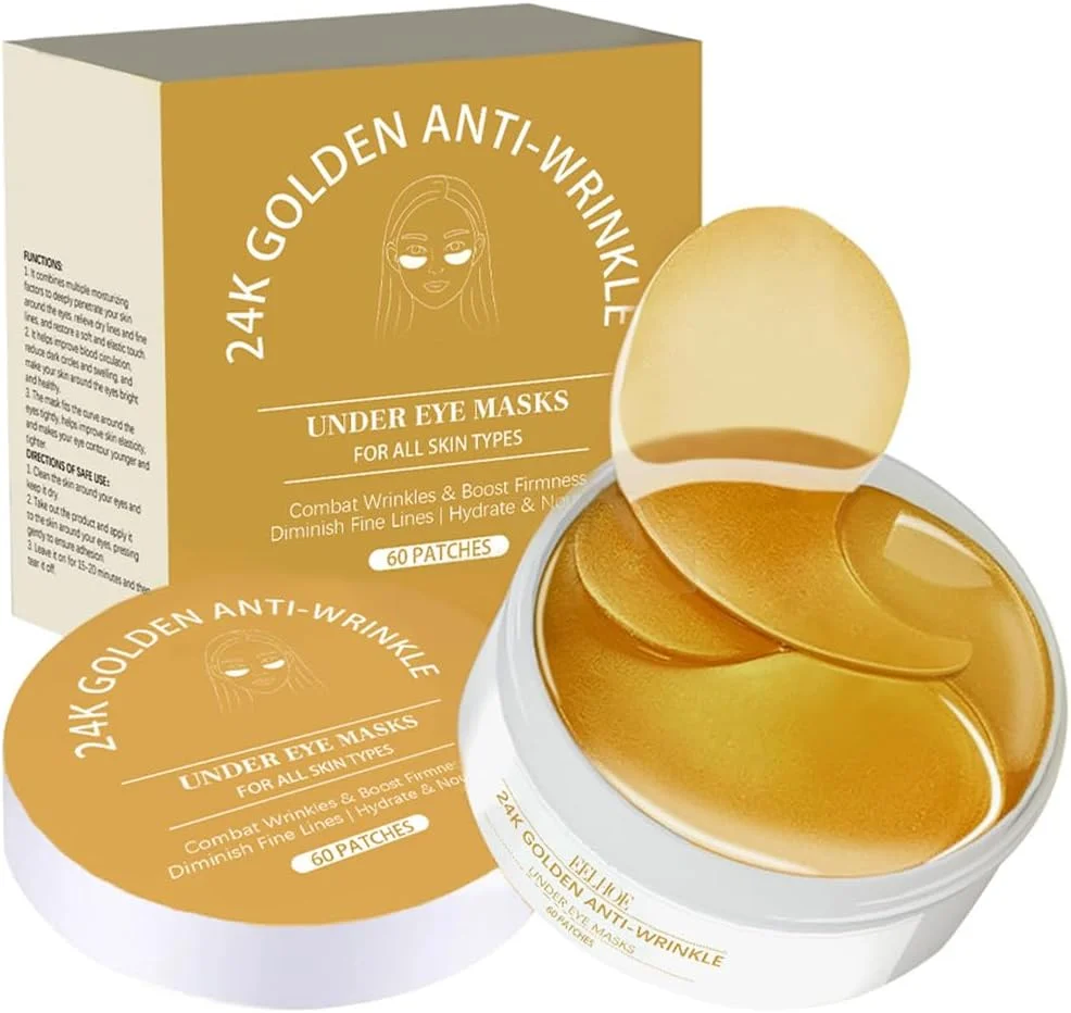 ماسک زیر چشم طلا - پچ های آبرسان و سفت کننده چشم برای انواع پوست، کاهش چین و چروک و خطوط ریز، بهبود رنگ و کشسانی پوست، 60 پچ برای استفاده در منزل یا مسافرت