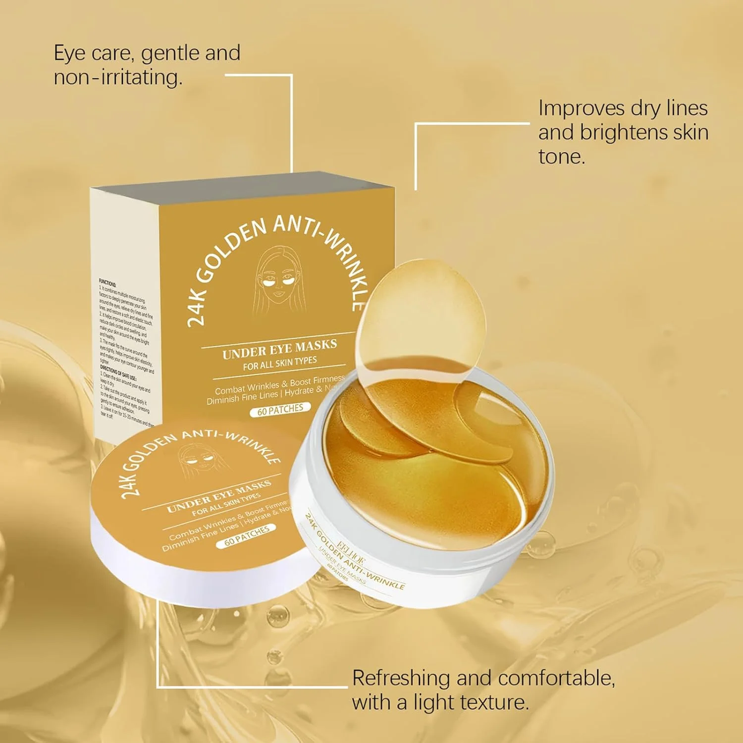 ماسک زیر چشم طلا - پچ های آبرسان و سفت کننده چشم برای انواع پوست، کاهش چین و چروک و خطوط ریز، بهبود رنگ و کشسانی پوست، 60 پچ برای استفاده در منزل یا مسافرت