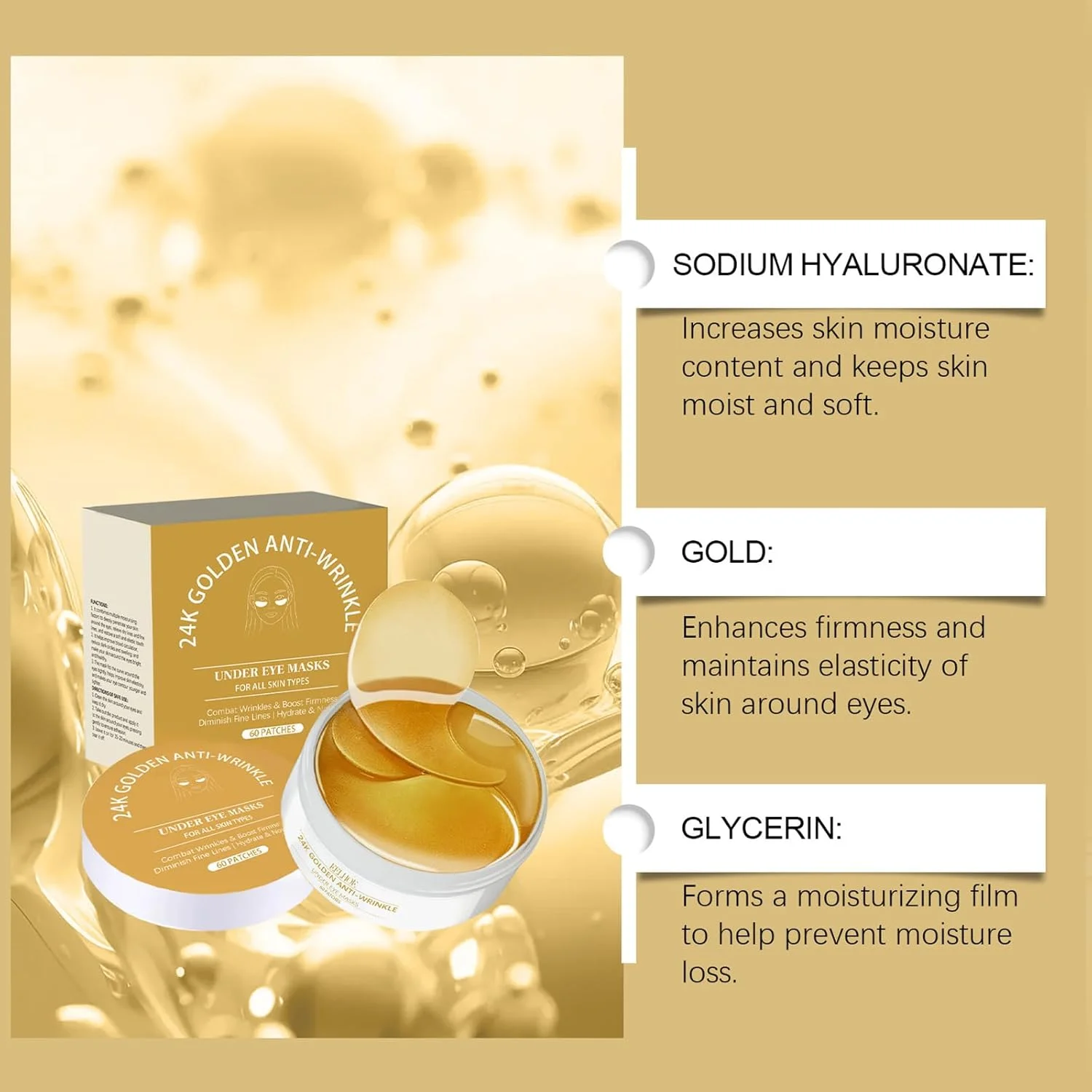 ماسک زیر چشم طلا - پچ های آبرسان و سفت کننده چشم برای انواع پوست، کاهش چین و چروک و خطوط ریز، بهبود رنگ و کشسانی پوست، 60 پچ برای استفاده در منزل یا مسافرت