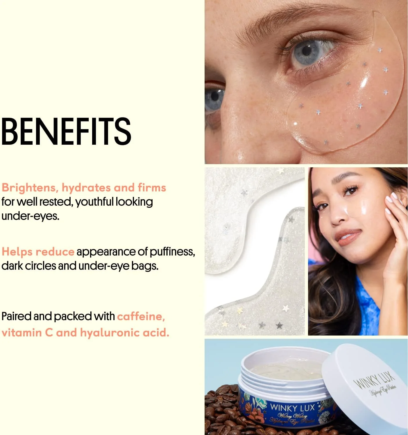 پچ های زیر چشم هیدروژلی Winky Lux Wakey Wakey، برای پف، سیاهی و کیسه های زیر چشم حاوی کافئین، ویتامین C و اسید هیالورونیک